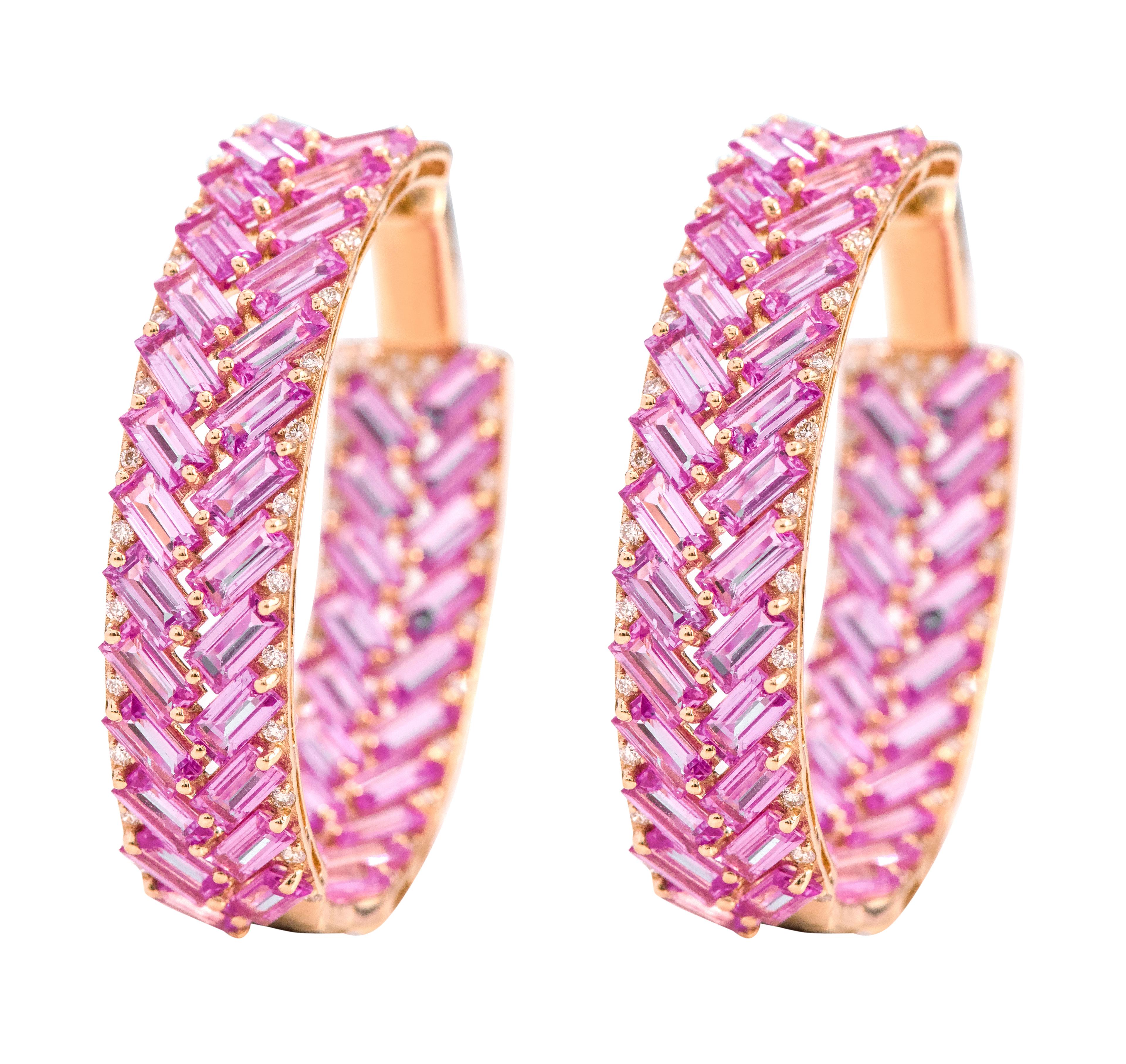 18 Karat Rose Gold 21.80 Carat Pink Sapphire and Diamond Hoop Earrings ...