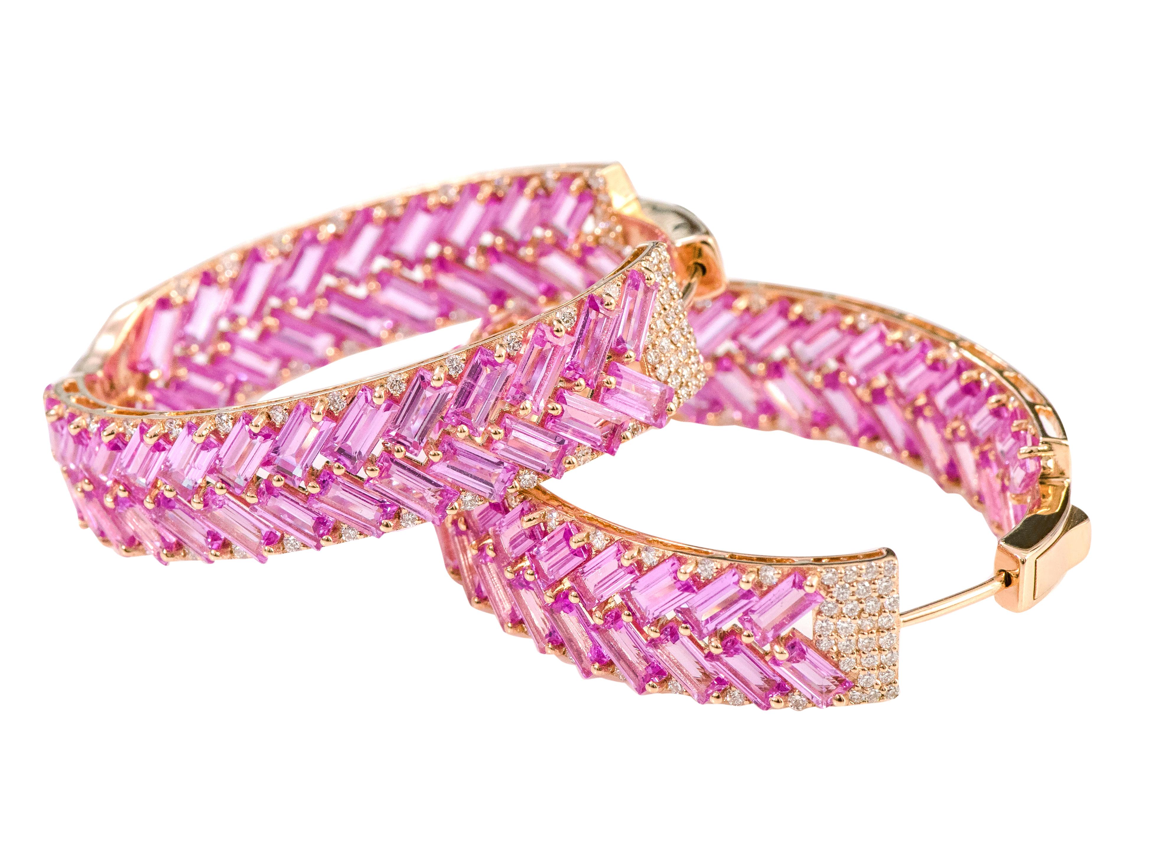 Baguette Cut 18 Karat Rose Gold 21.80 Carat Pink Sapphire and Diamond Hoop Earrings For Sale