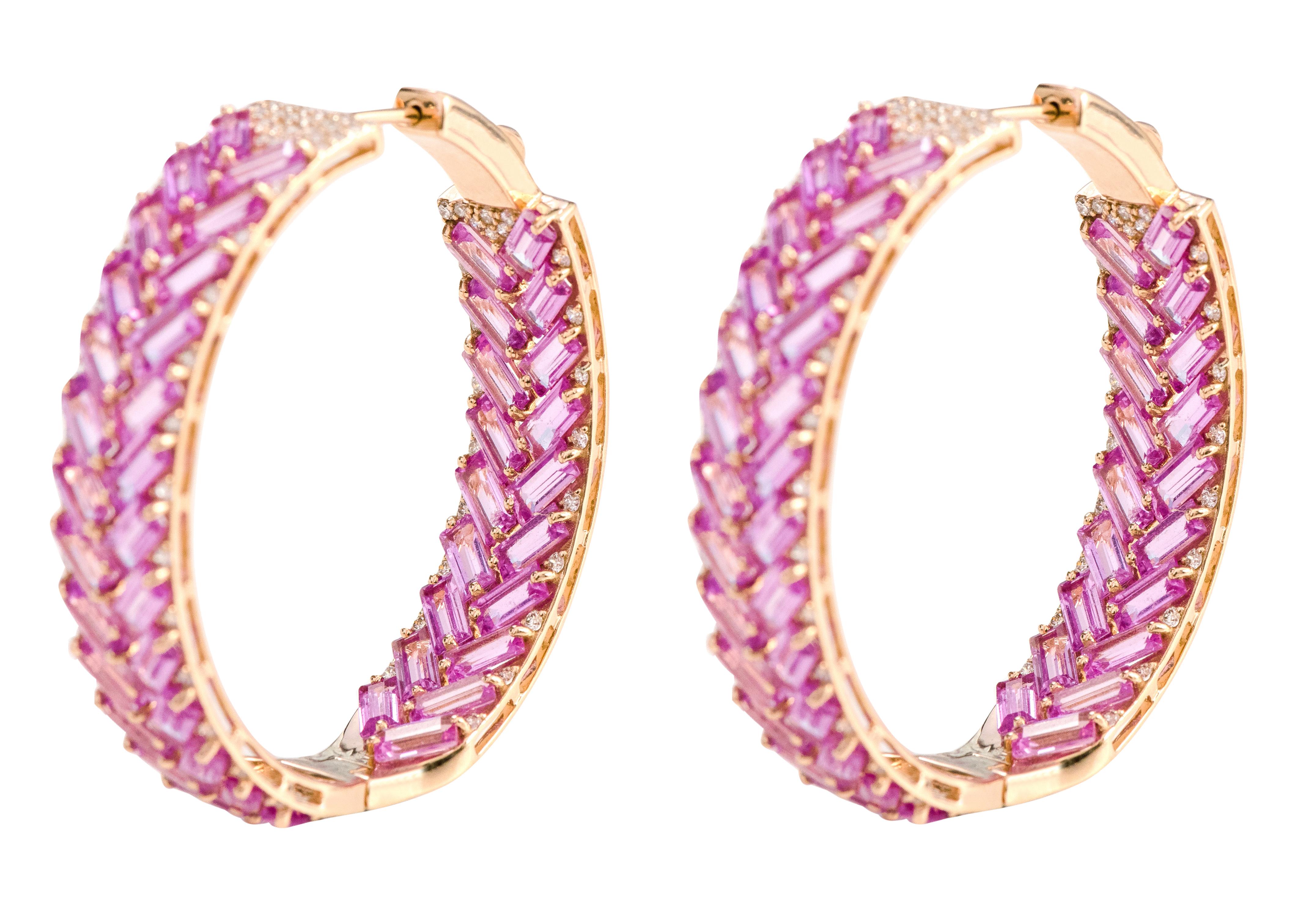 18 Karat Rose Gold 21.80 Carat Pink Sapphire and Diamond Hoop Earrings In New Condition For Sale In Jaipur, IN
