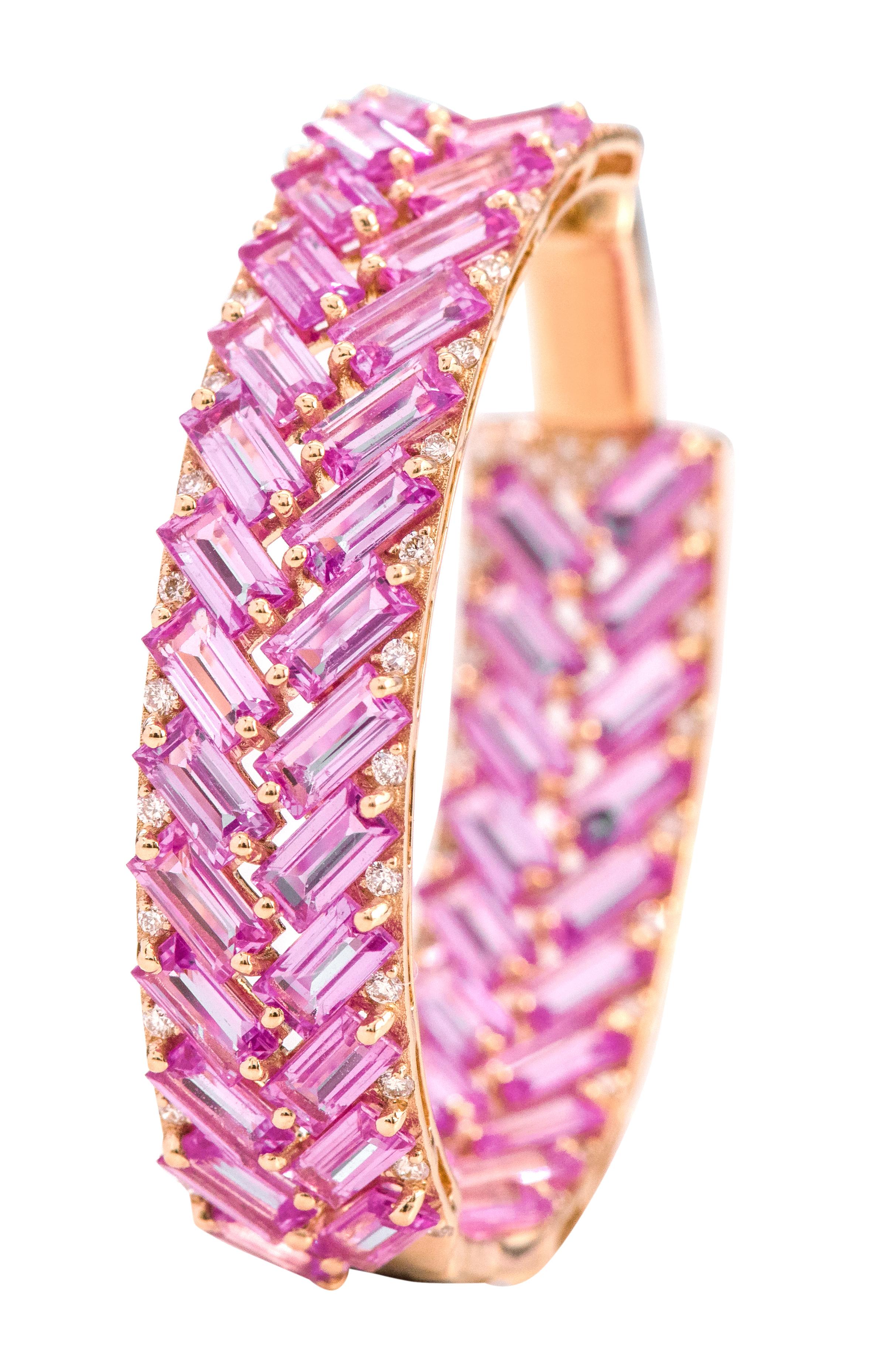 18 Karat Rose Gold 21.80 Carat Pink Sapphire and Diamond Hoop Earrings For Sale 2