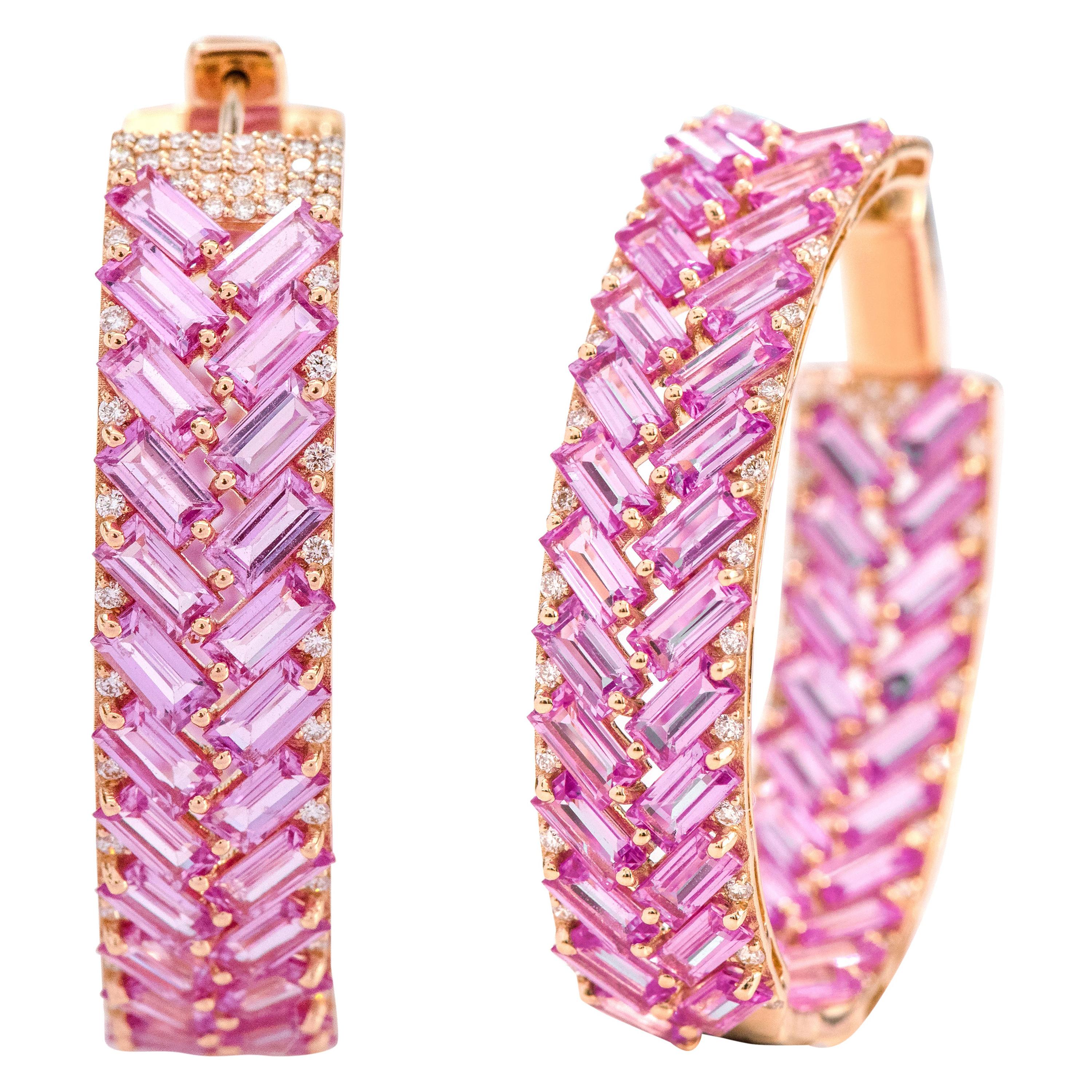 18 Karat Rose Gold 21.80 Carat Pink Sapphire and Diamond Hoop Earrings For Sale