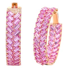 18 Karat Rose Gold 21.80 Carat Pink Sapphire and Diamond Hoop Earrings