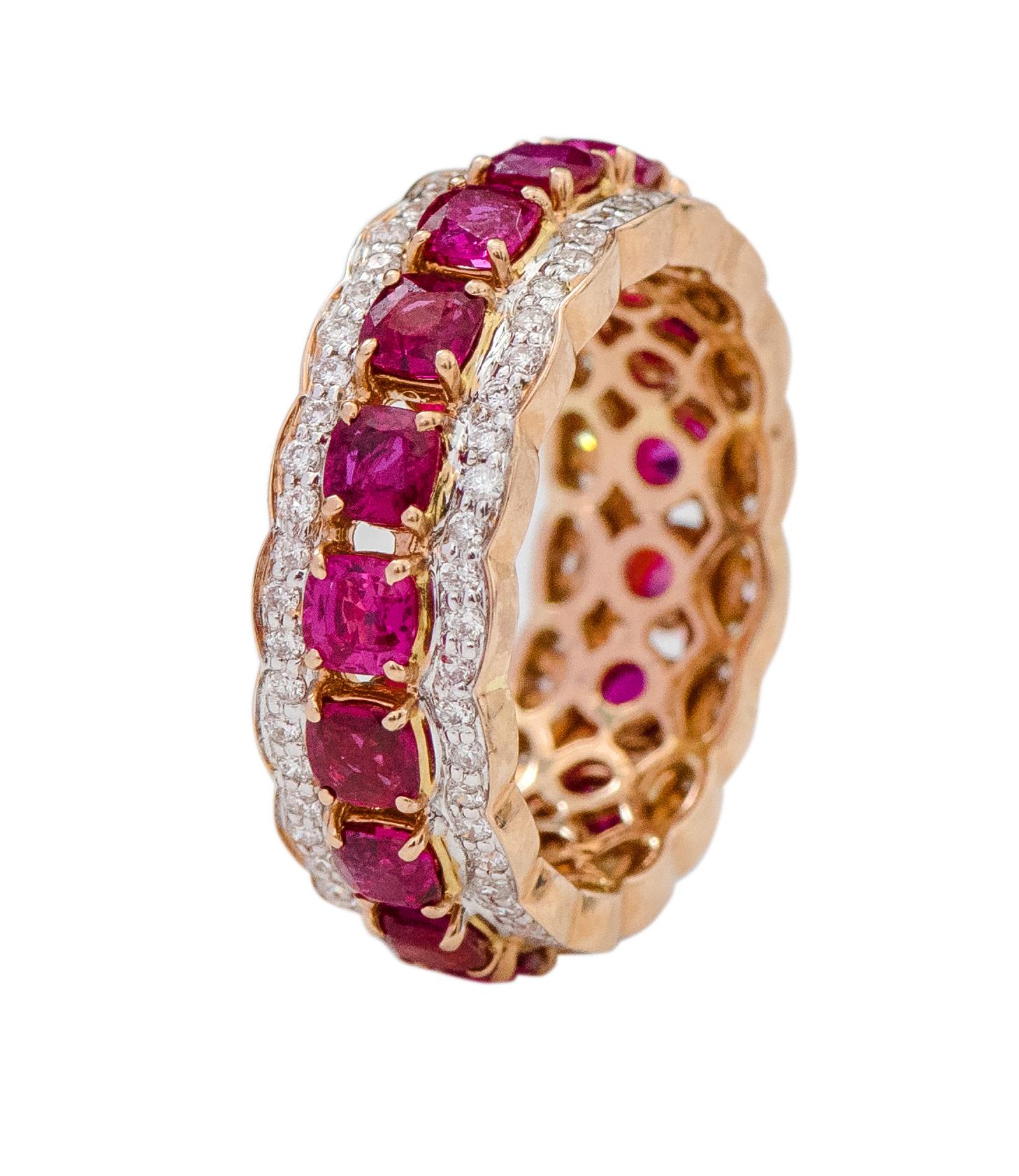18 Karat Rose Gold 2.23 Carat Cushion-Cut Ruby and Diamond Eternity Band Ring For Sale 1