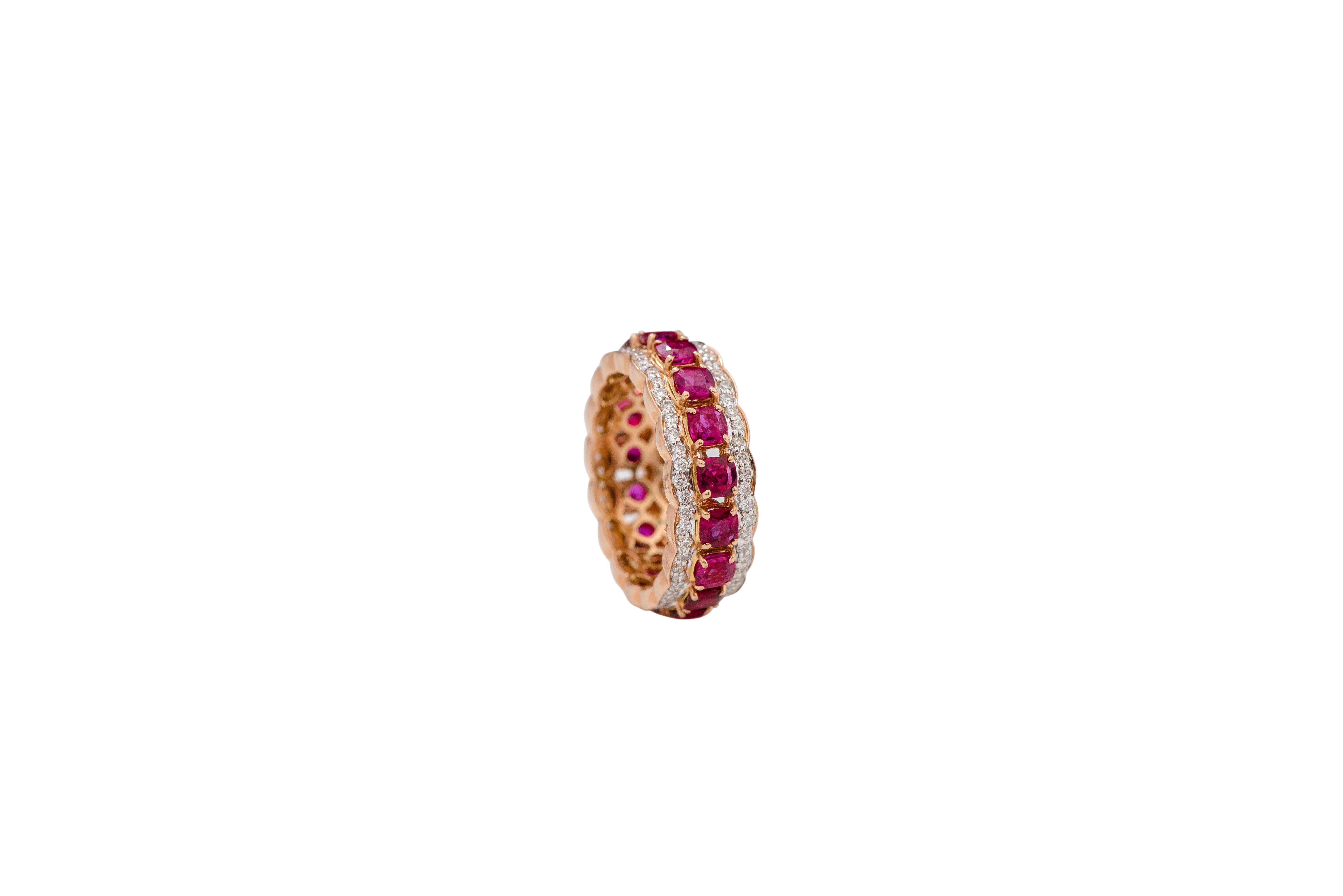 18 Karat Rose Gold 2.23 Carat Cushion-Cut Ruby and Diamond Eternity Band Ring For Sale 2