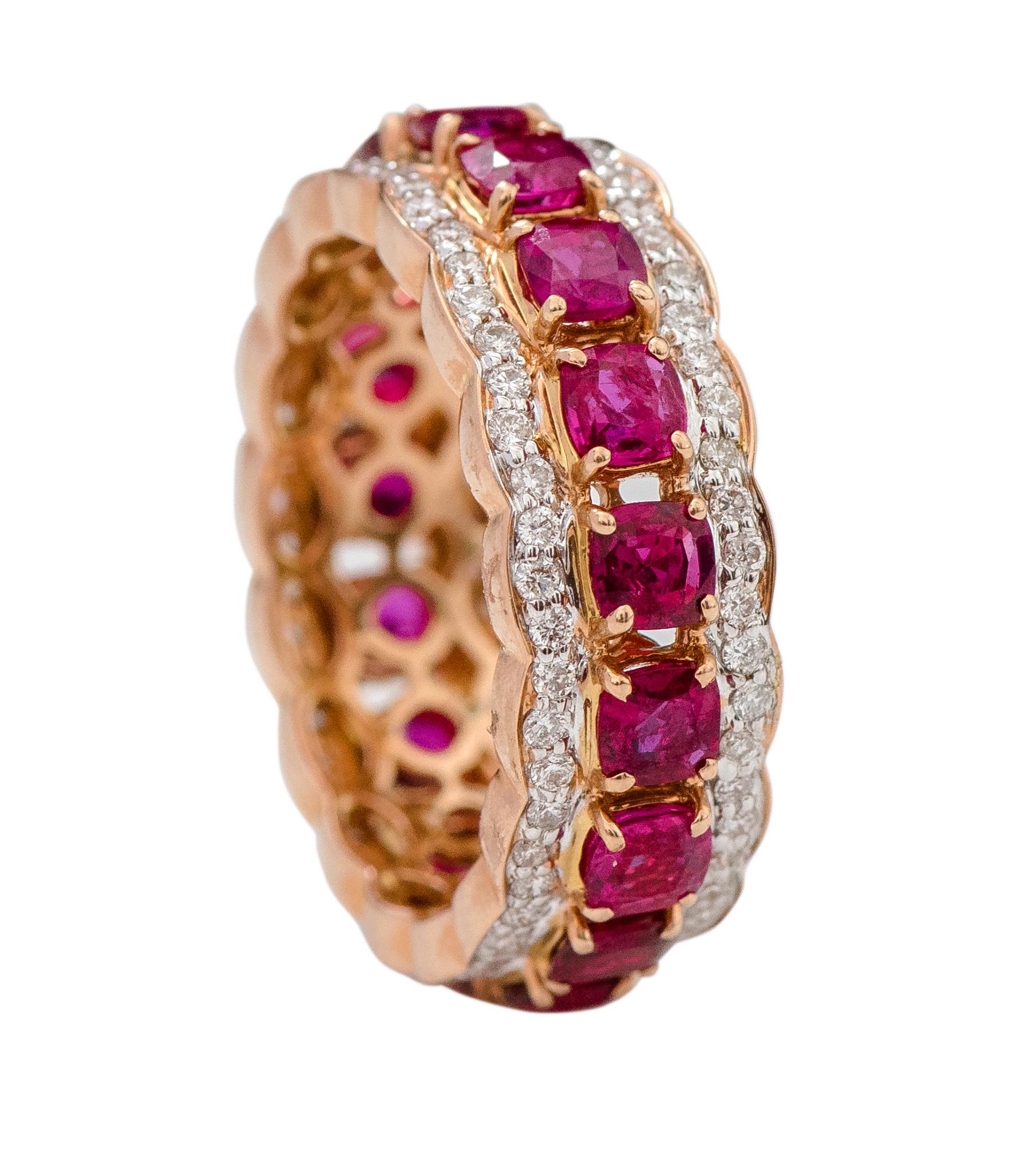 18 Karat Rose Gold 2.23 Carat Cushion-Cut Ruby and Diamond Eternity Band Ring

This phenomenal blood-red ruby and diamond band is exquisite. The solitaire square-cushion shape rubies in prong setting are brilliantly surrounded by pave set round