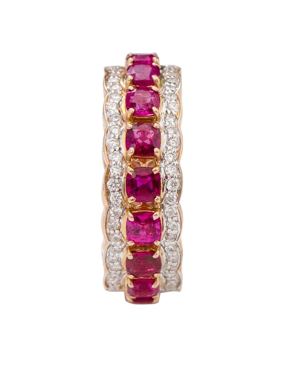 Women's 18 Karat Rose Gold 2.23 Carat Cushion-Cut Ruby and Diamond Eternity Band Ring For Sale