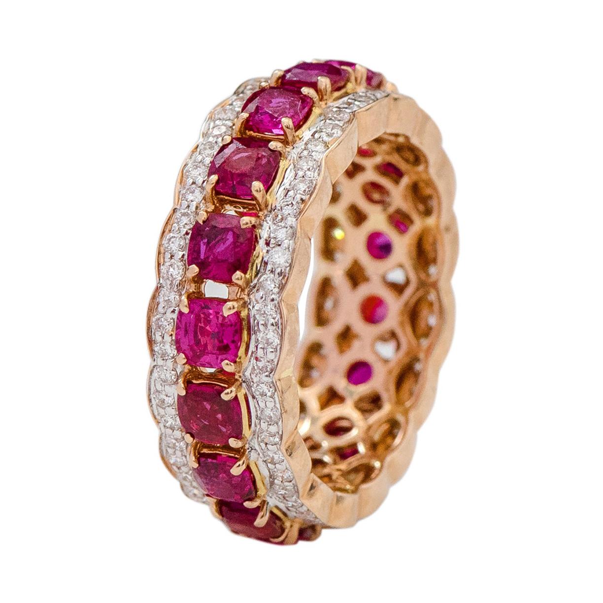 18 Karat Rose Gold 2.23 Carat Cushion-Cut Ruby and Diamond Eternity Band Ring For Sale