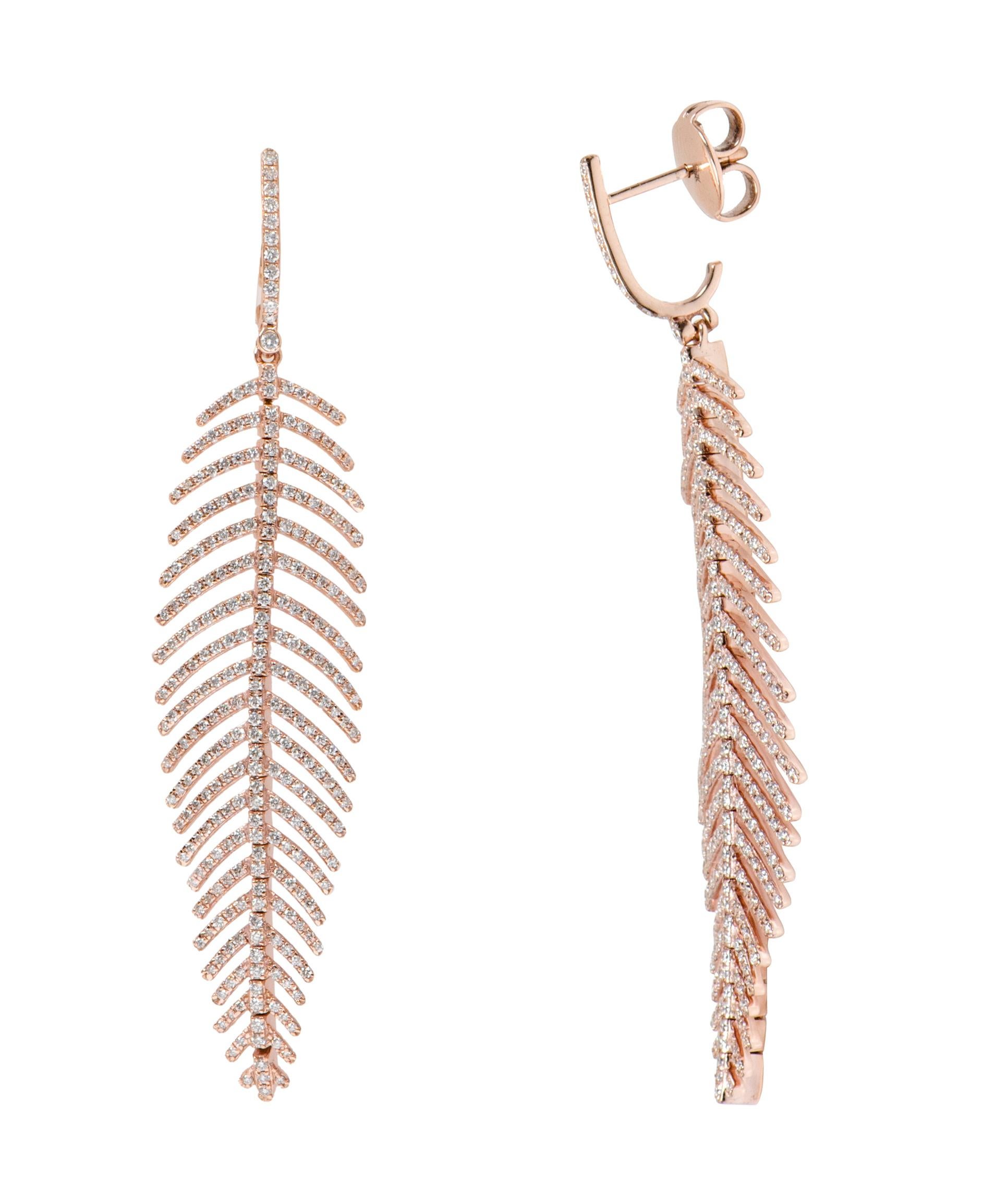 18 Karat Rose Gold 2.26 Carat Brilliant-Cut Diamond Leaf Drop Earrings

This immersive modern-style long diamond earring is glorious. It’s a pretty articulate open-leaf design with small pave set round diamonds on each leaf vein in the free-flowing