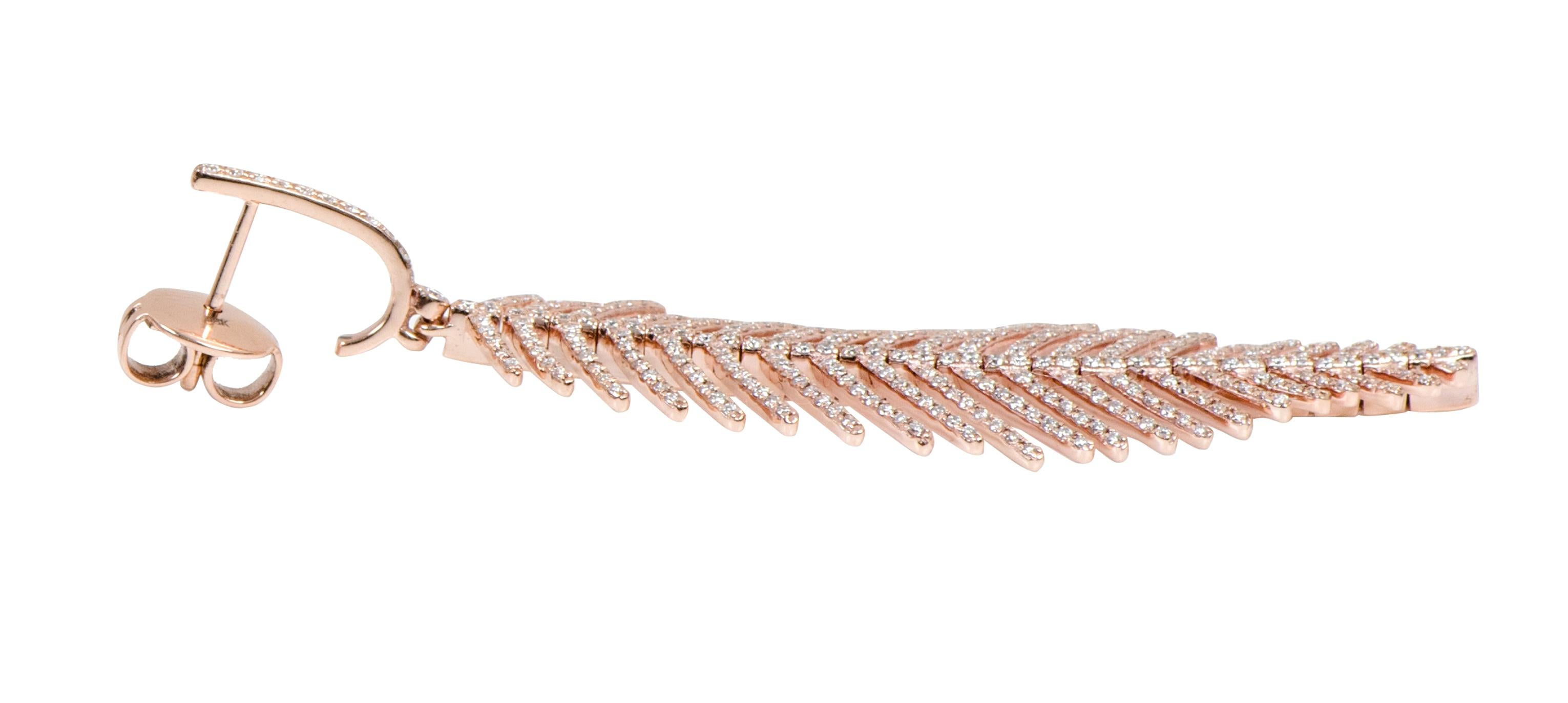 18 Karat Rose Gold 2.26 Carat Brilliant-Cut Diamond Leaf Drop Earrings For Sale 2