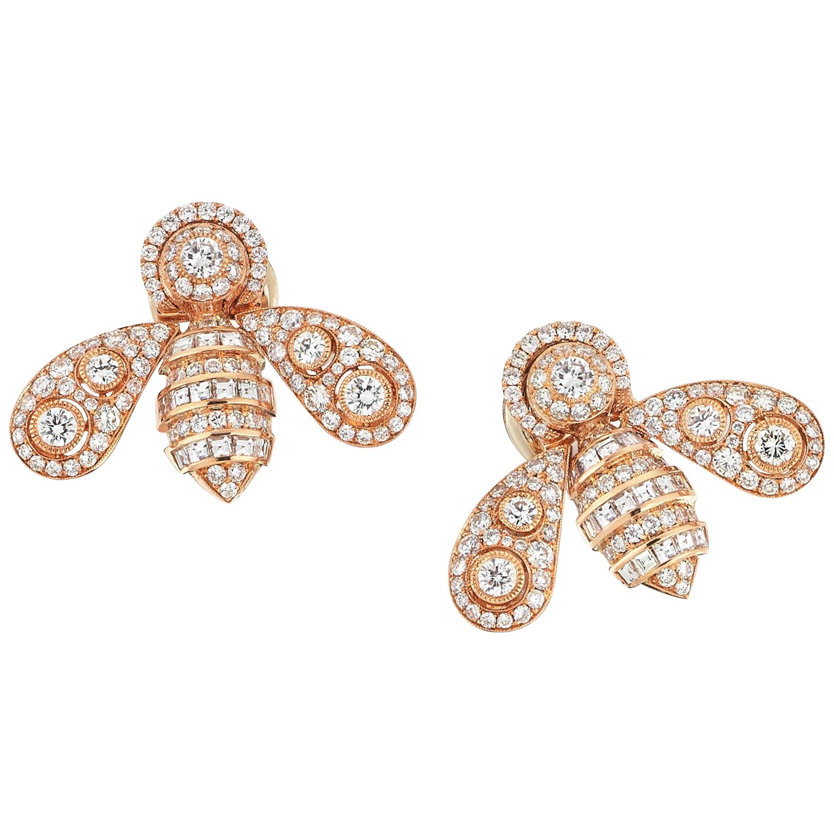 18 Karat Rose Gold  2.29 ct. Diamond, 2.29 ct. Emerald Cut Diamond Bee Earrings For Sale