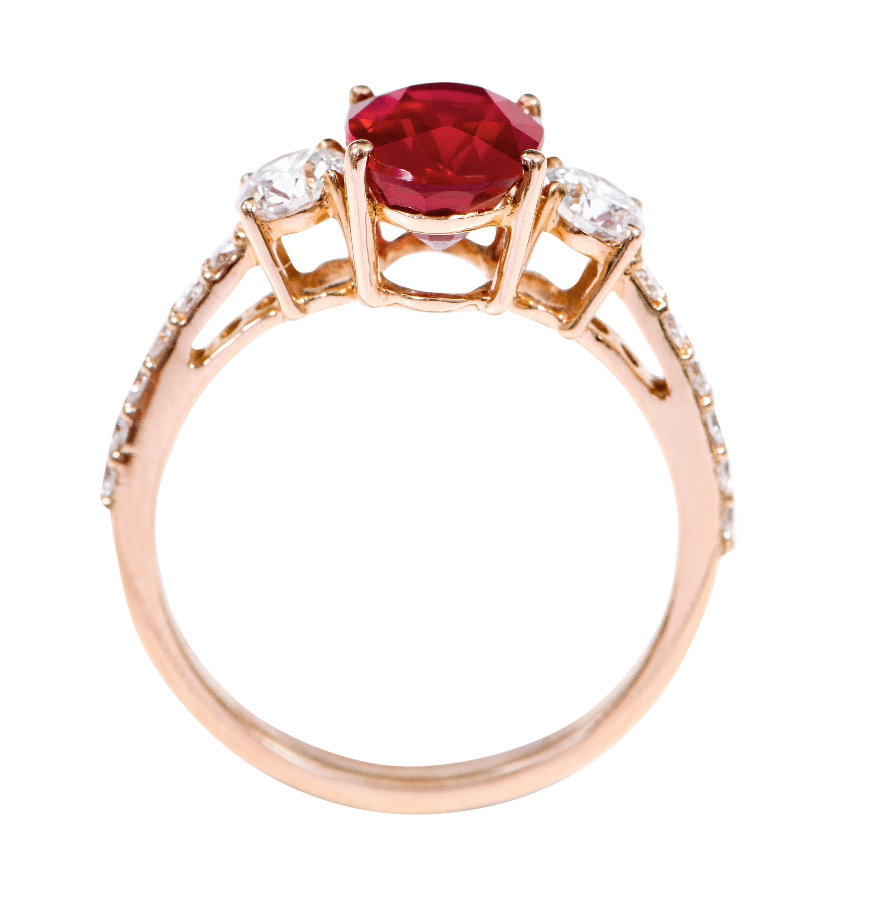 Women's 18 Karat Rose Gold 2.47 Carat Oval-Cut Ruby and Diamond Three-Stone Ring For Sale