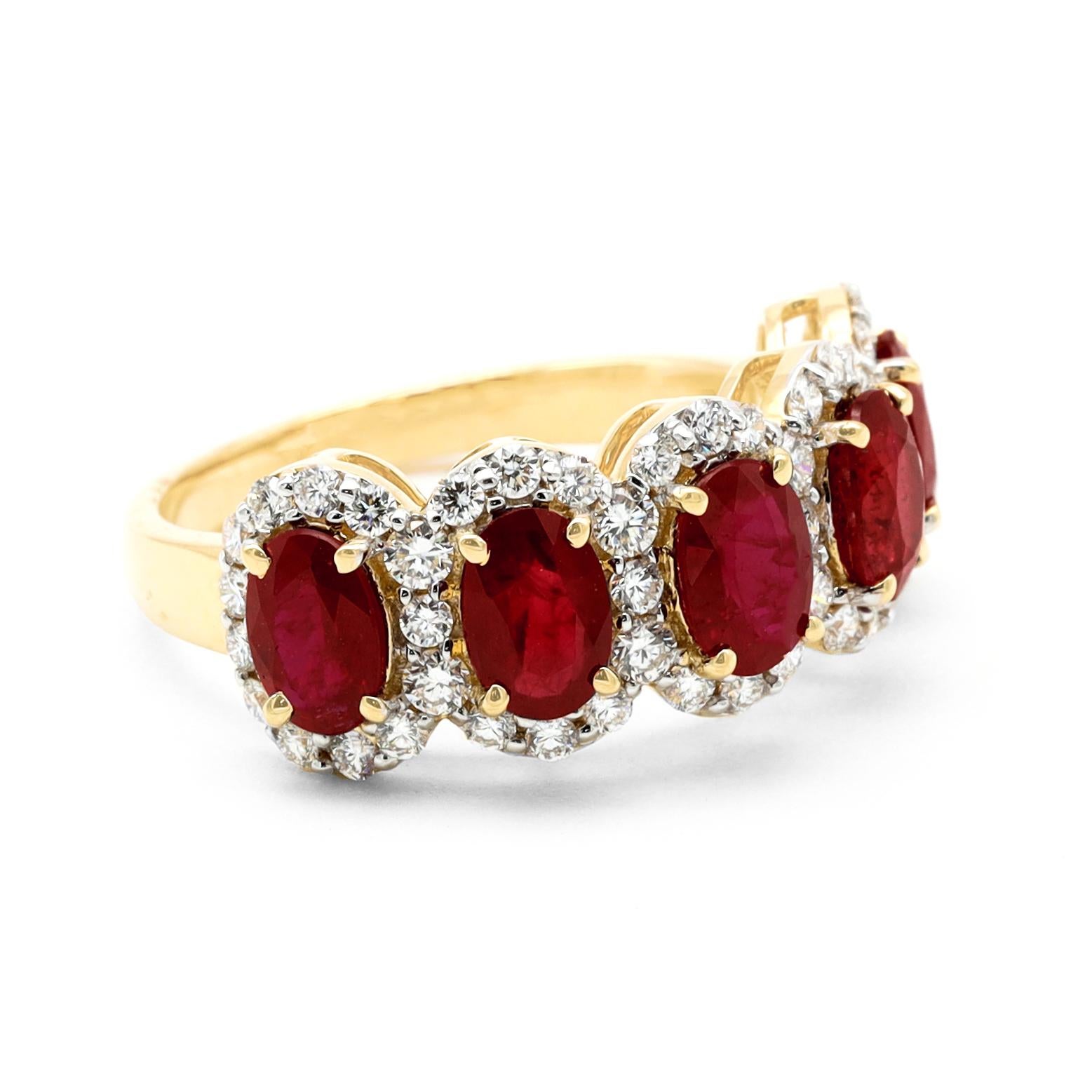 18 Karat Rose Gold 2.75 Carat Ruby and Diamond Cluster Eternity Half-Band Ring

This lively carmine red ruby half cluster diamond band is charismatic. The blood-red 5-matching ruby oval solitaires are closely grain prong set with the merged round