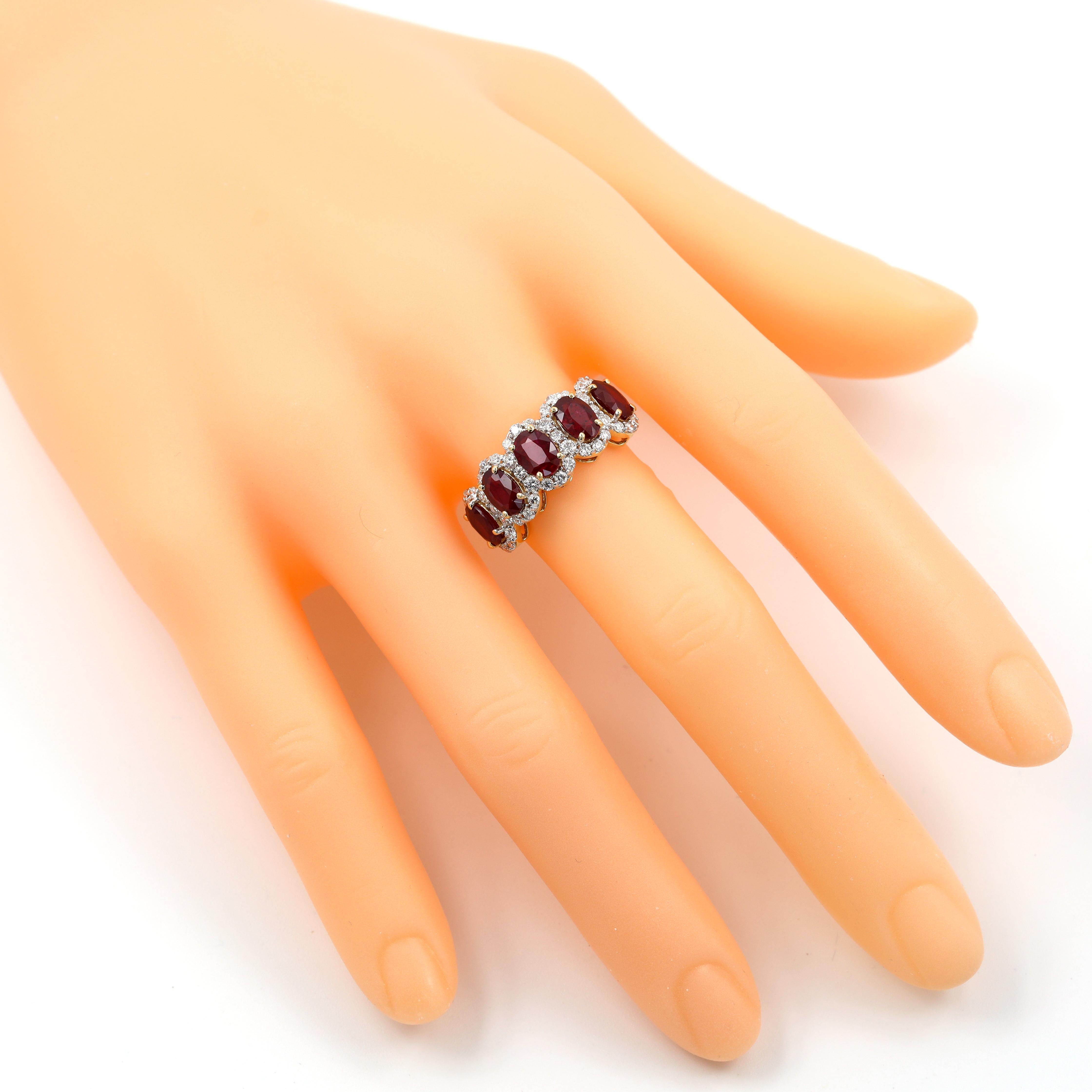 Modern 18 Karat Rose Gold 2.75 Carat Ruby and Diamond Cluster Eternity Half-Band Ring For Sale