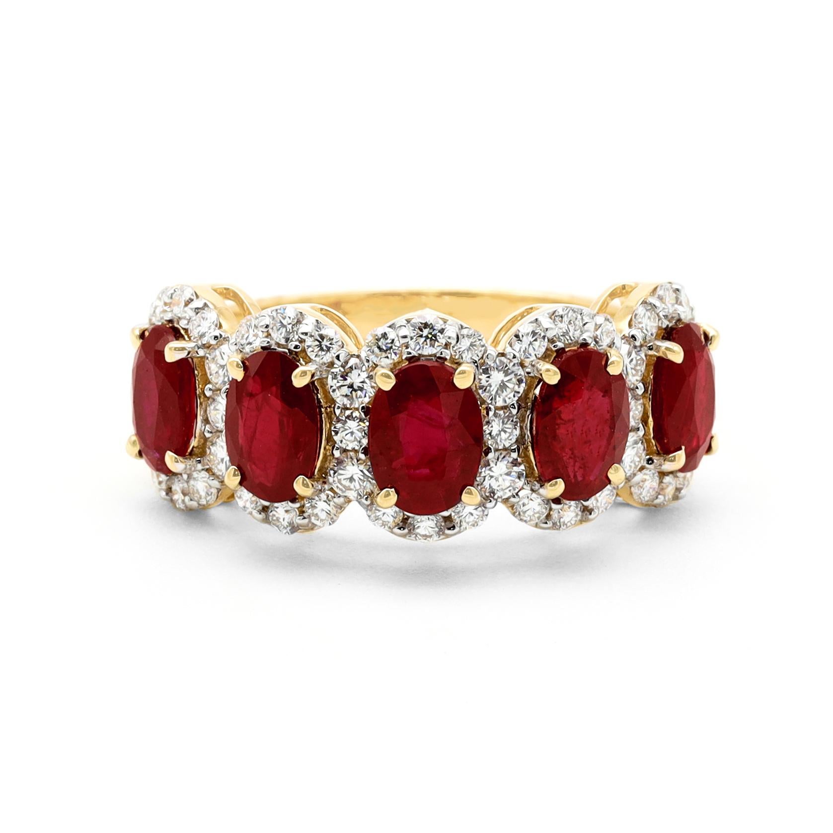 Oval Cut 18 Karat Rose Gold 2.75 Carat Ruby and Diamond Cluster Eternity Half-Band Ring For Sale