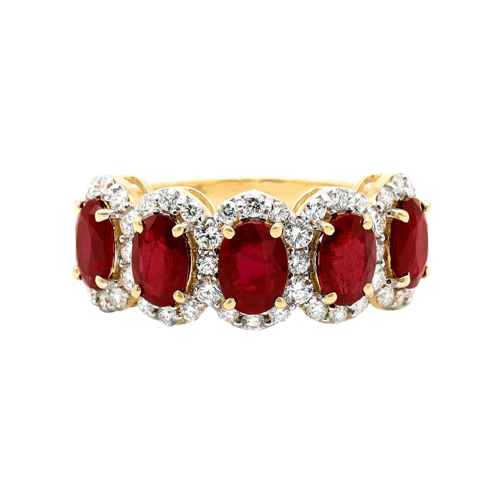 Bague demi-anneau d'éternité en or rose 18 carats, rubis de 2,75 carats et diamants en grappe