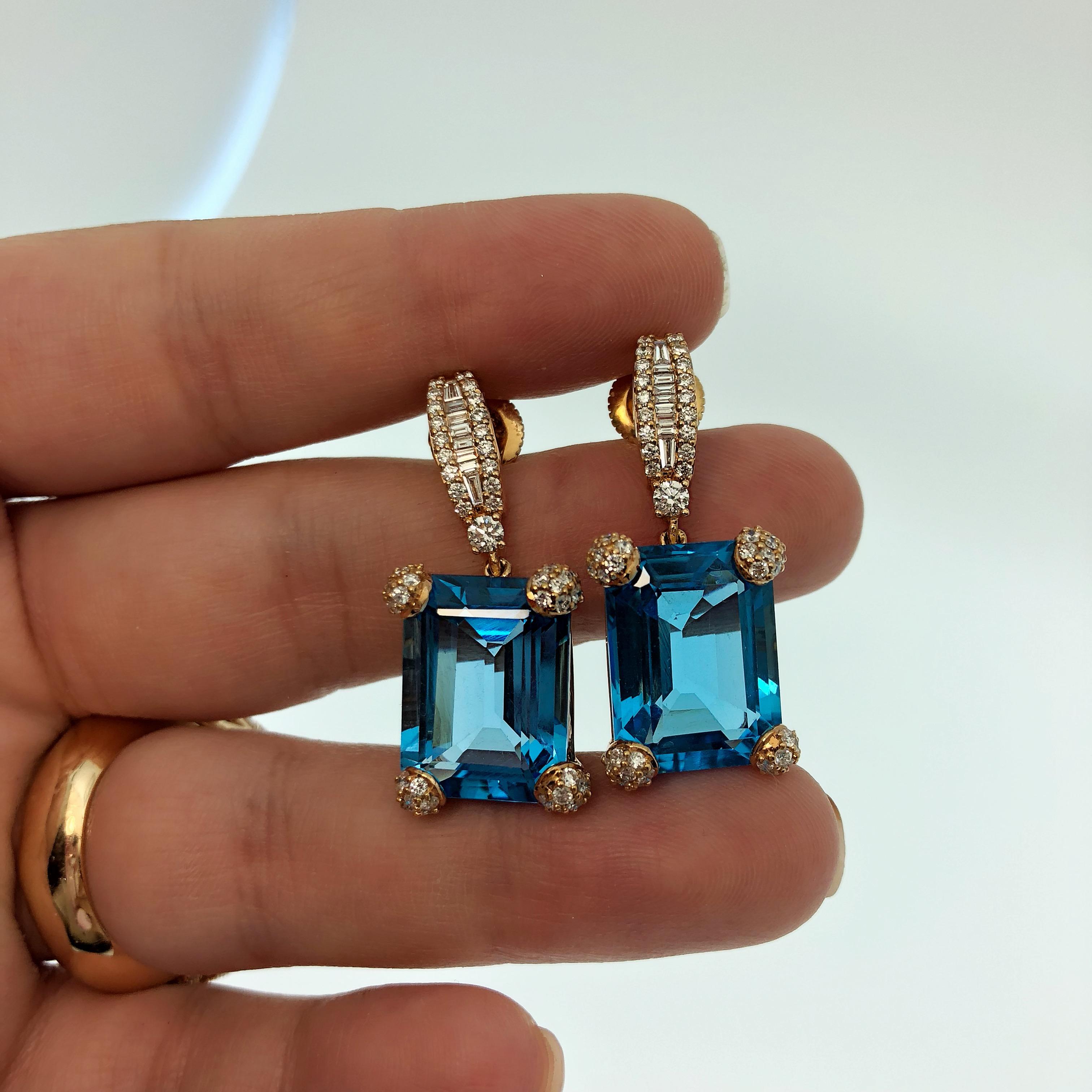 Contemporary 18 Karat Rose Gold 28 Carat Blue Topaz and White Diamonds Drop Earrings For Sale