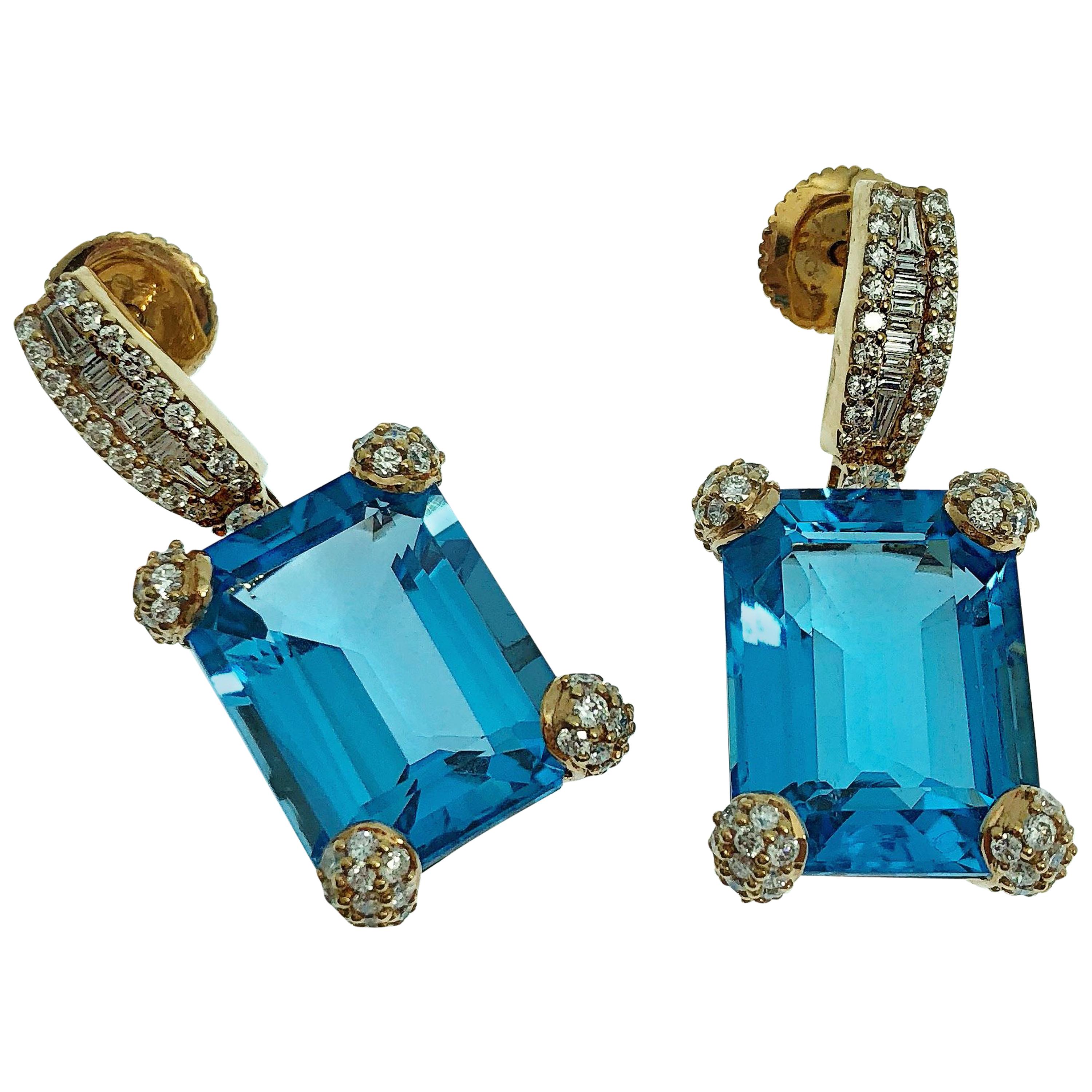 Emerald Cut 18 Karat Rose Gold 28 Carat Blue Topaz and White Diamonds Drop Earrings For Sale