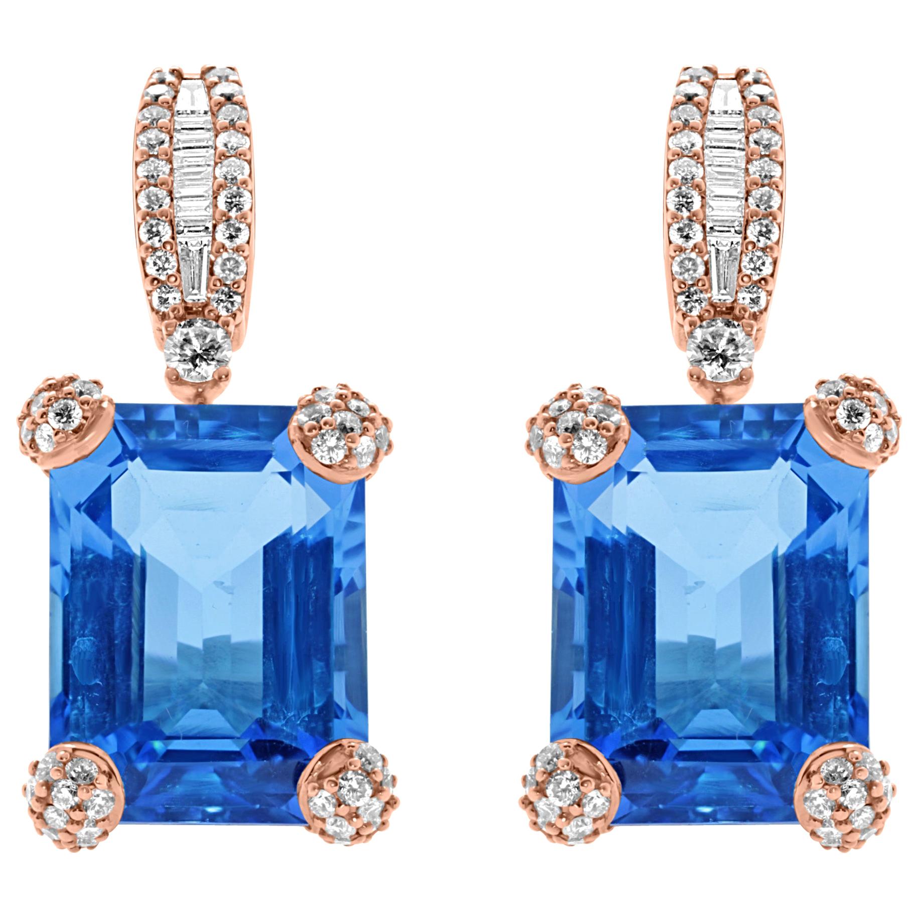 18 Karat Rose Gold 28 Carat Blue Topaz and White Diamonds Drop Earrings For Sale