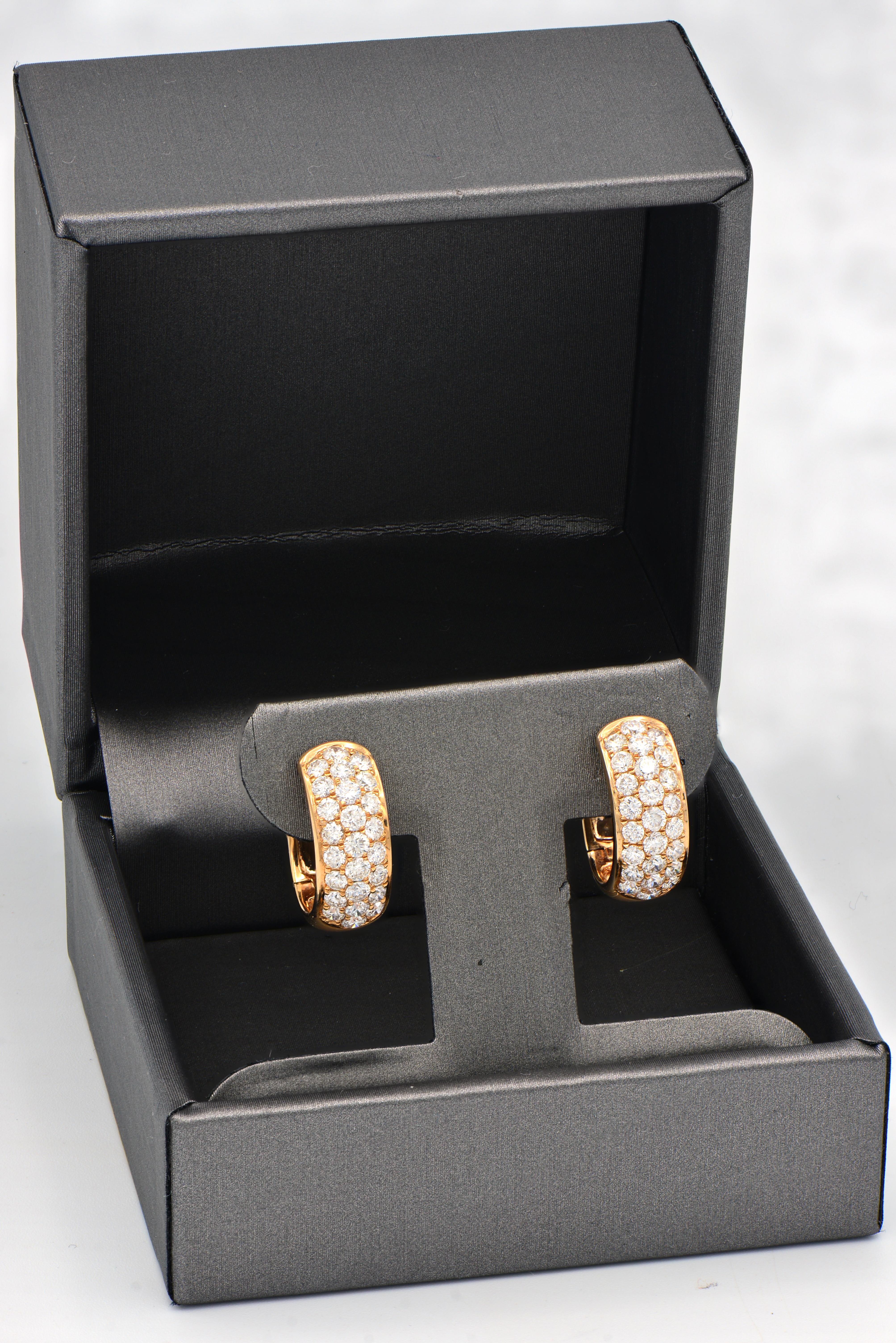 Contemporary 18 Karat Rose Gold 3 Rows of Diamond Hoop Earrings