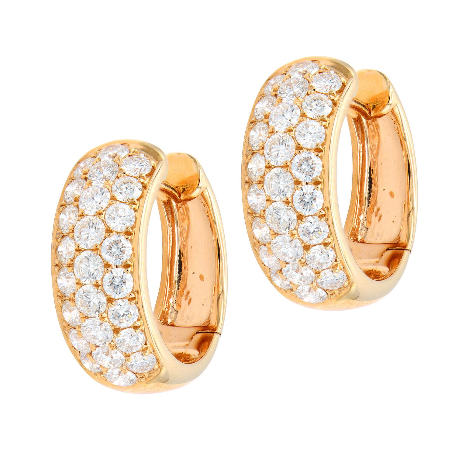 Round Cut 18 Karat Rose Gold 3 Rows of Diamond Hoop Earrings