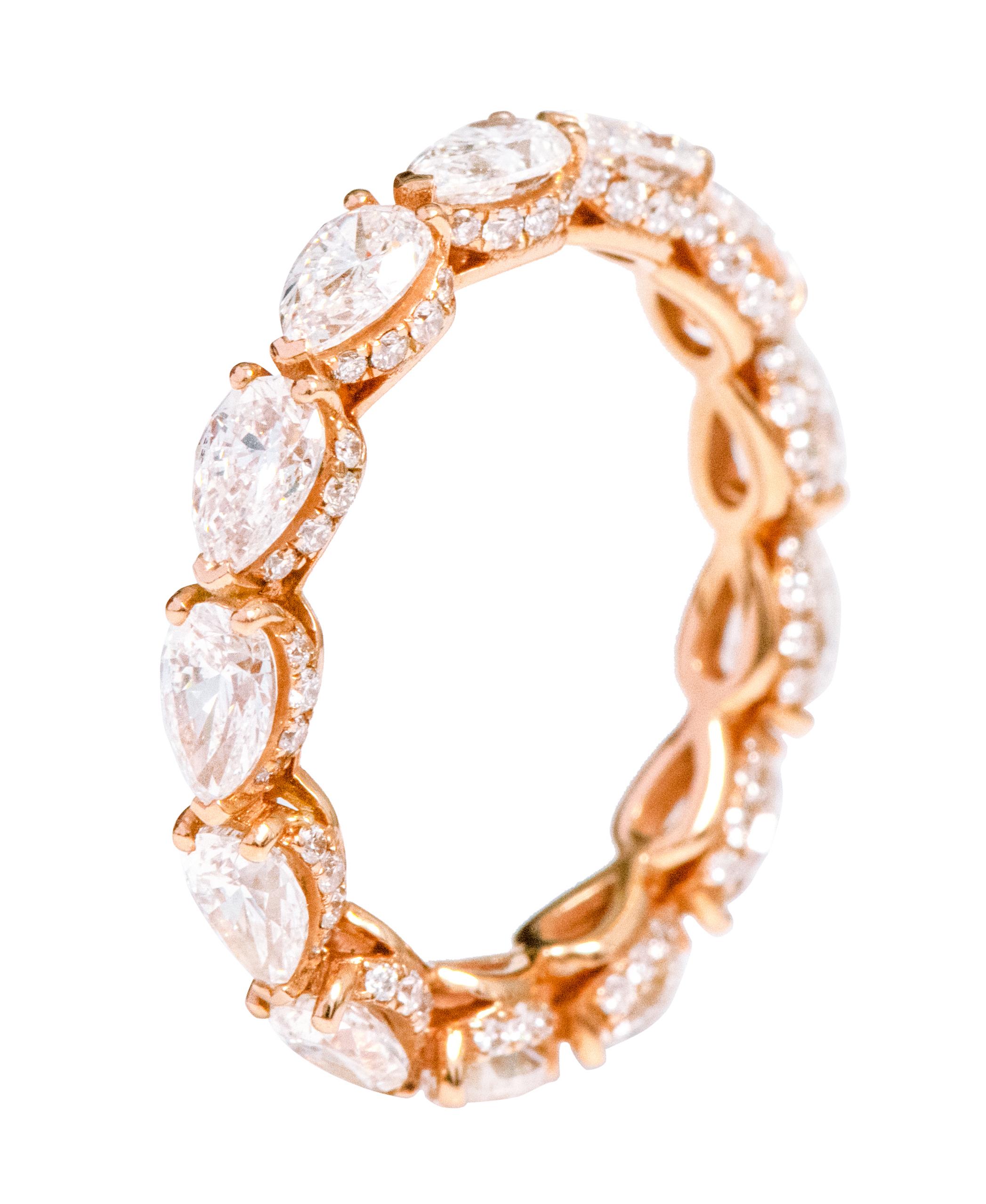 Women's 18 Karat Rose Gold 3.63 Carat Solitaire Pear-Shape Diamond Eternity Band Ring For Sale
