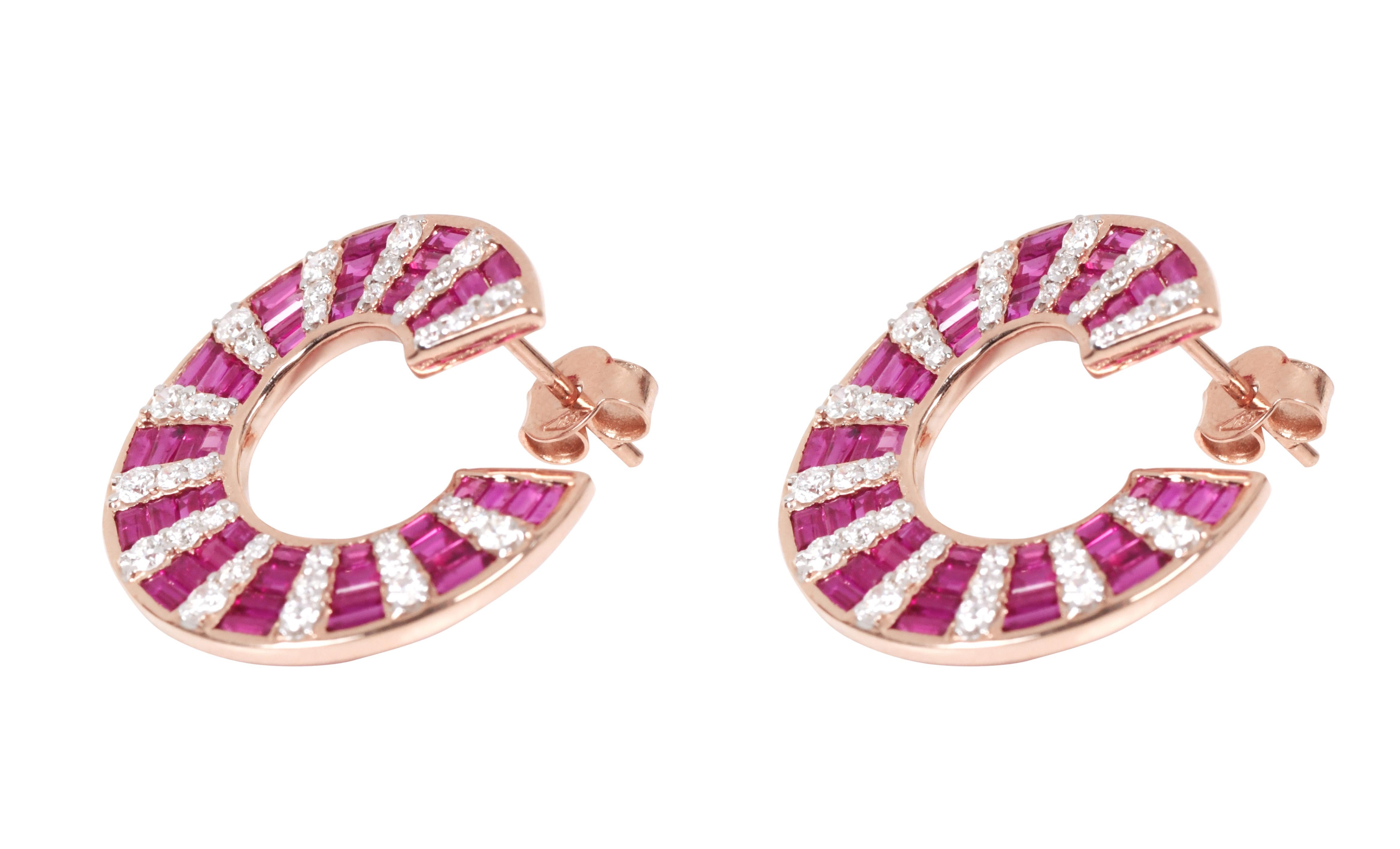 Baguette Cut 18 Karat Rose Gold 3.73 Carats Ruby and Diamond Earrings in Contemporary Style For Sale