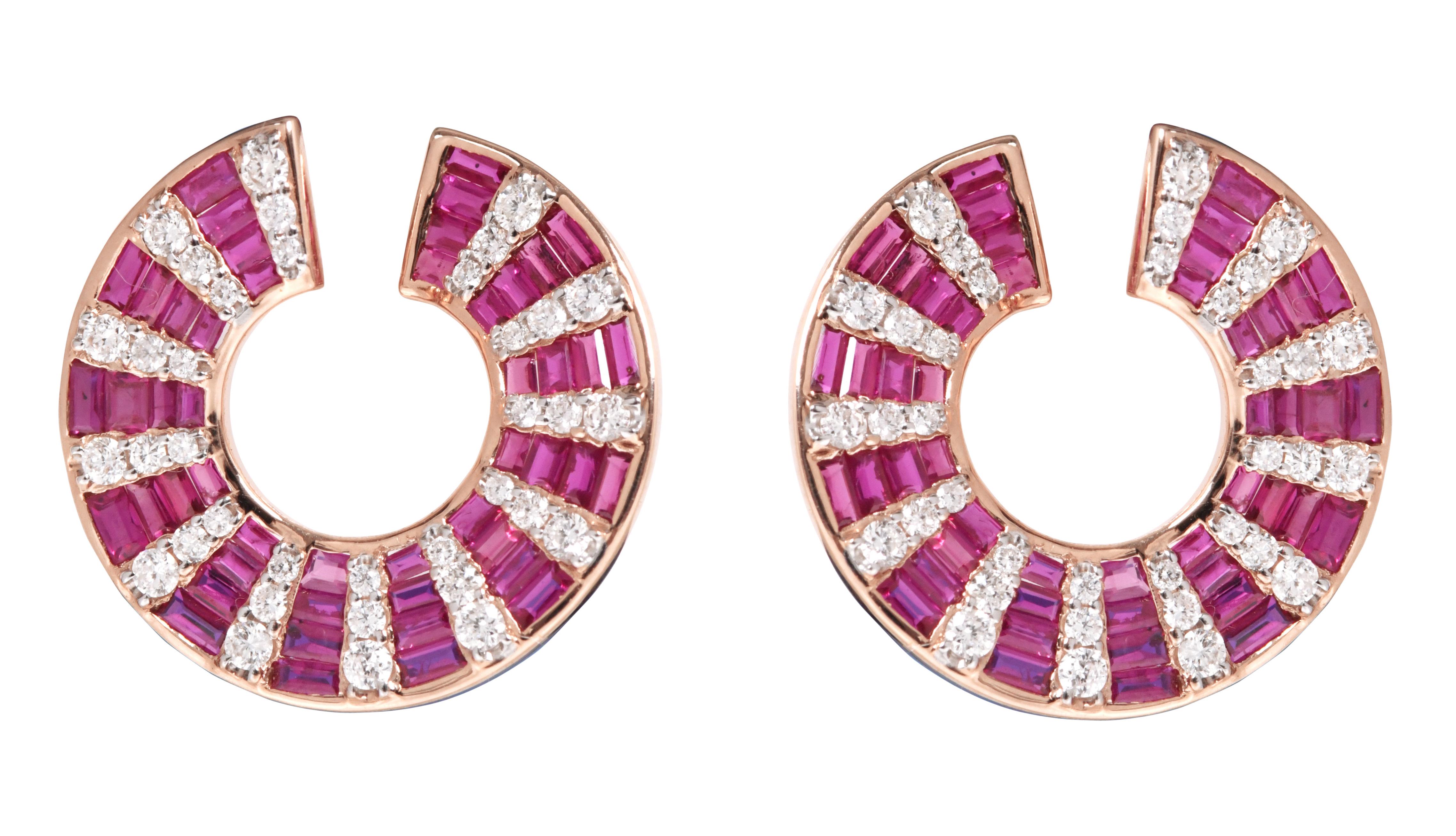 Women's 18 Karat Rose Gold 3.73 Carats Ruby and Diamond Earrings in Contemporary Style For Sale