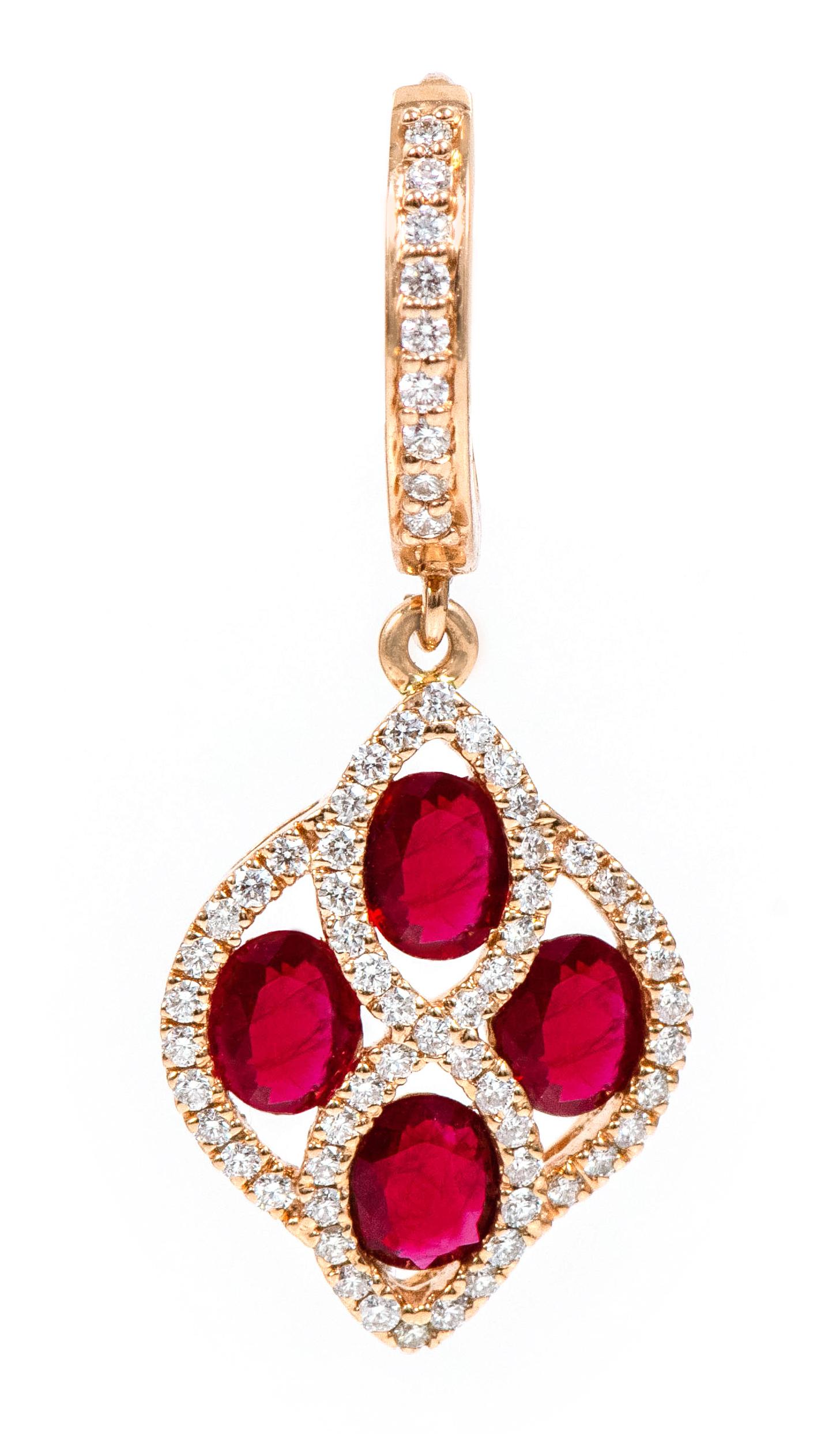 Modern 18 Karat Rose Gold 3.76 Carat Ruby and Diamond Dangle Earrings For Sale