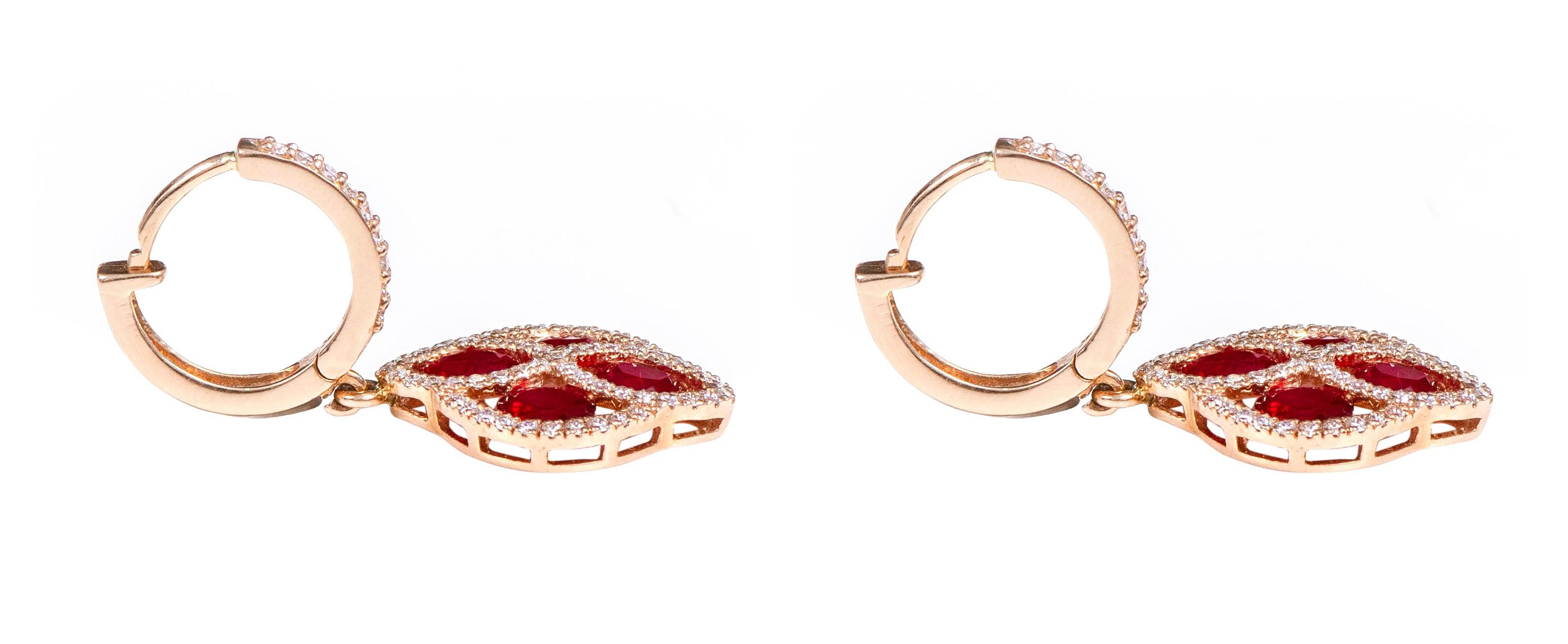 Oval Cut 18 Karat Rose Gold 3.76 Carat Ruby and Diamond Dangle Earrings For Sale