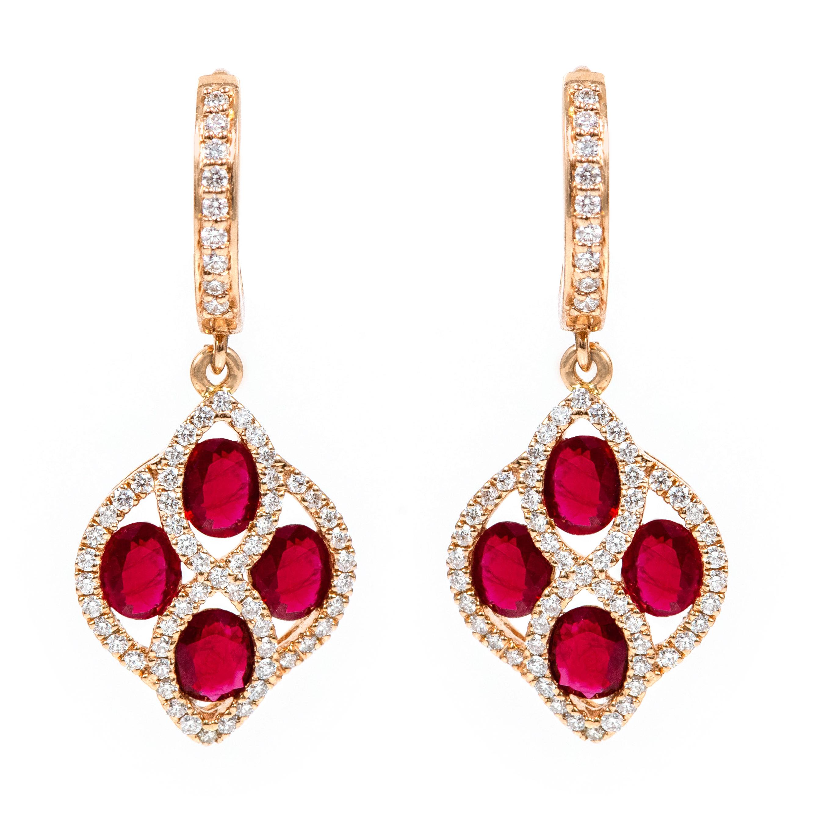18 Karat Rose Gold 3.76 Carat Ruby and Diamond Dangle Earrings In New Condition For Sale In Jaipur, IN