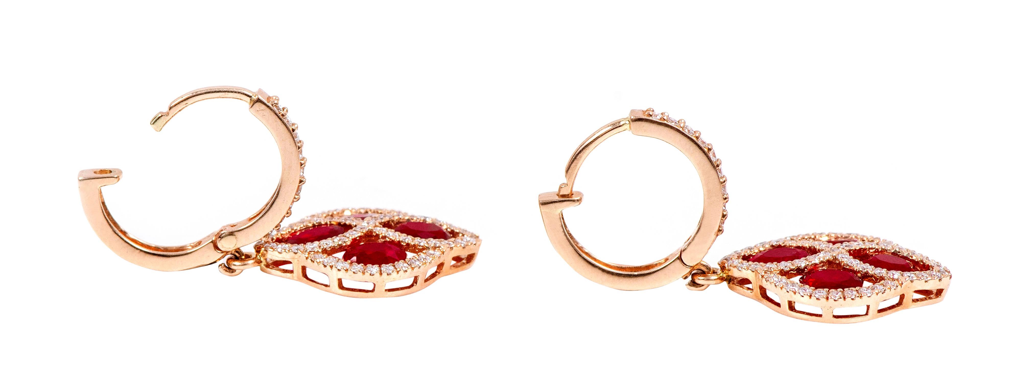 Women's 18 Karat Rose Gold 3.76 Carat Ruby and Diamond Dangle Earrings For Sale