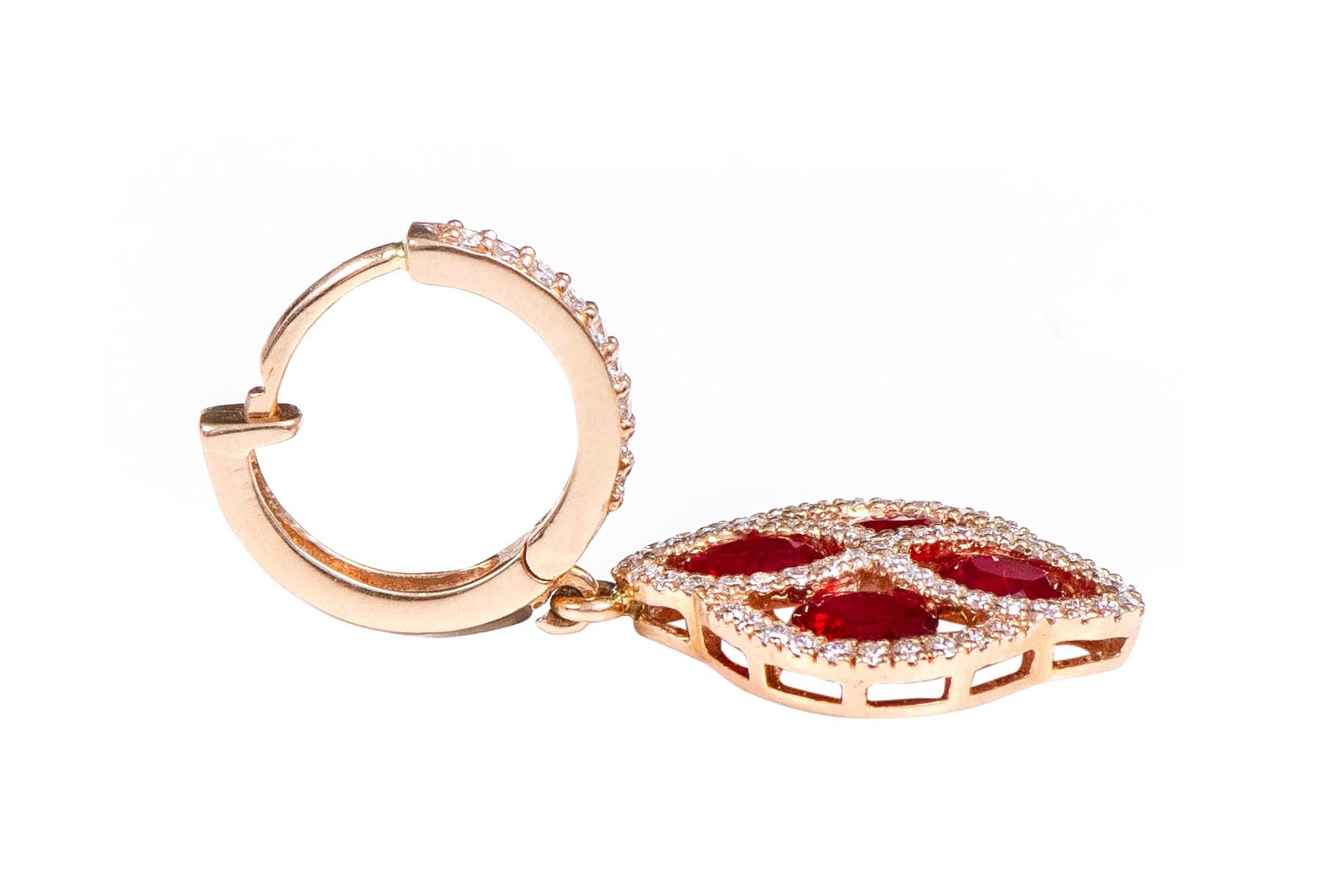 18 Karat Rose Gold 3.76 Carat Ruby and Diamond Dangle Earrings For Sale 1