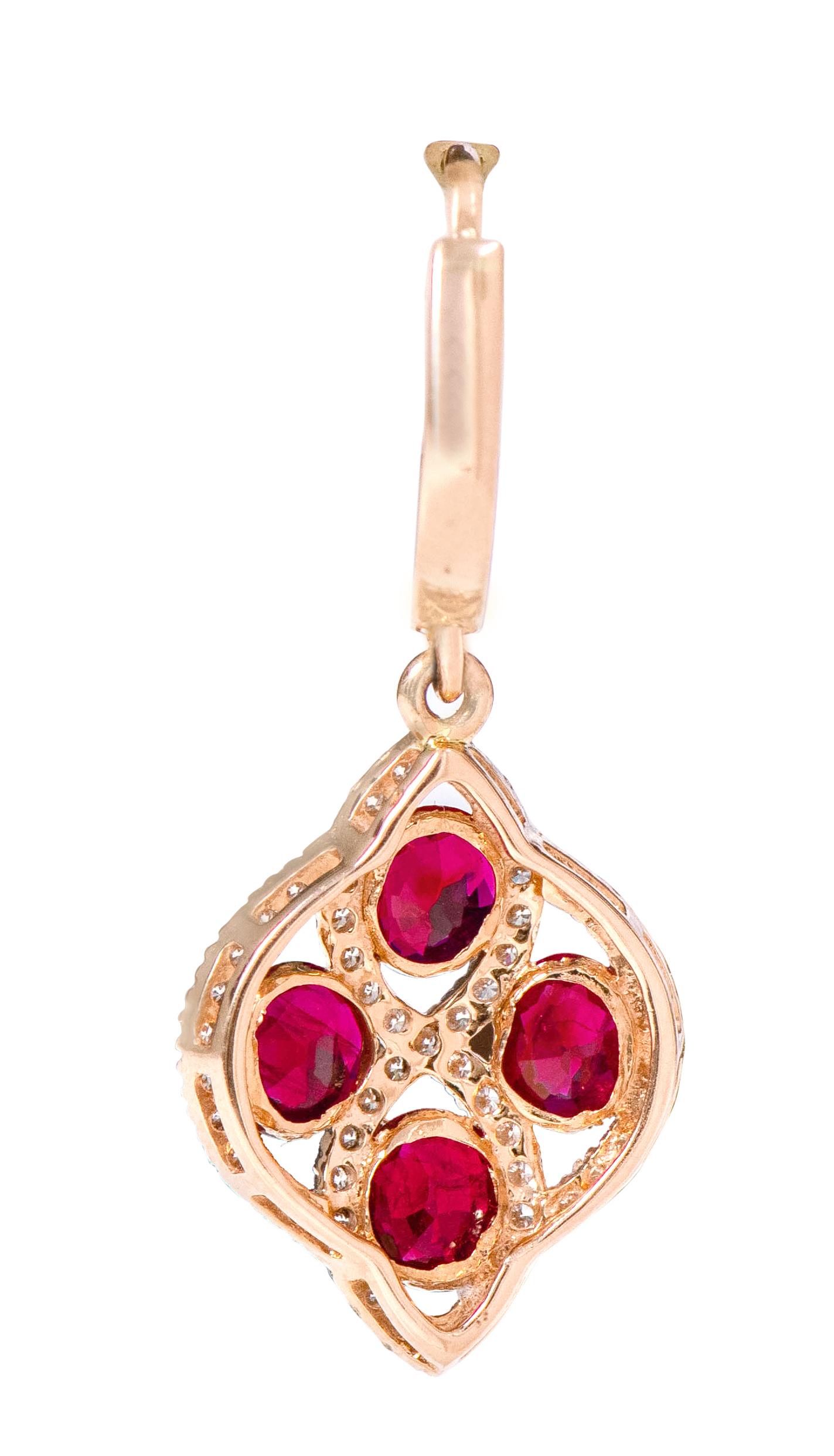 18 Karat Rose Gold 3.76 Carat Ruby and Diamond Dangle Earrings For Sale 2