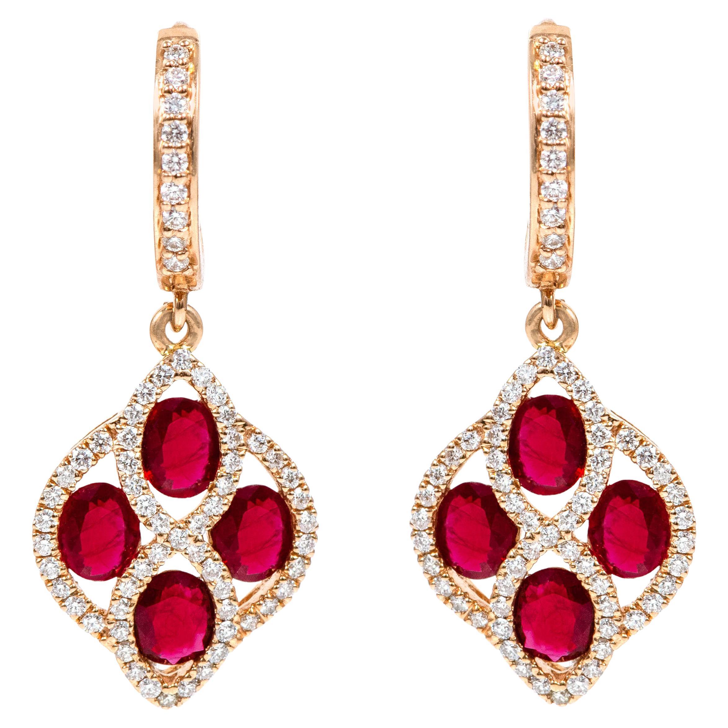 18 Karat Rose Gold 3.76 Carat Ruby and Diamond Dangle Earrings For Sale