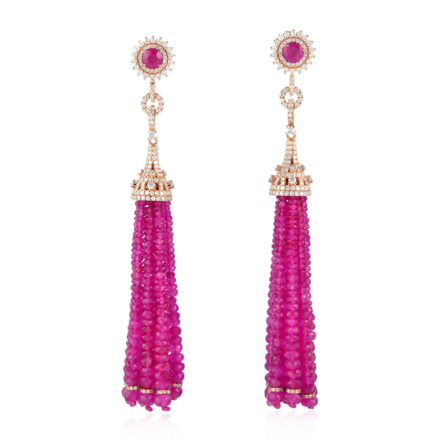 Artisan 18 Karat Rose Gold 3.77 Ct Diamond Pave 122.29 Carat Ruby Bead Tassel Earrings