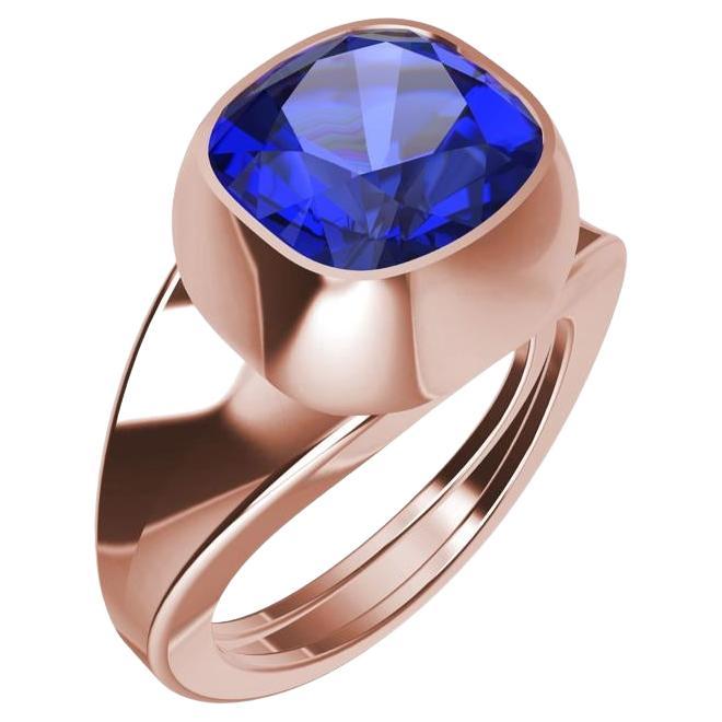 For Sale:  18 Karat Rose Gold 4.0 Carat Cushion Cut Blue Sapphire Sculpture Ring