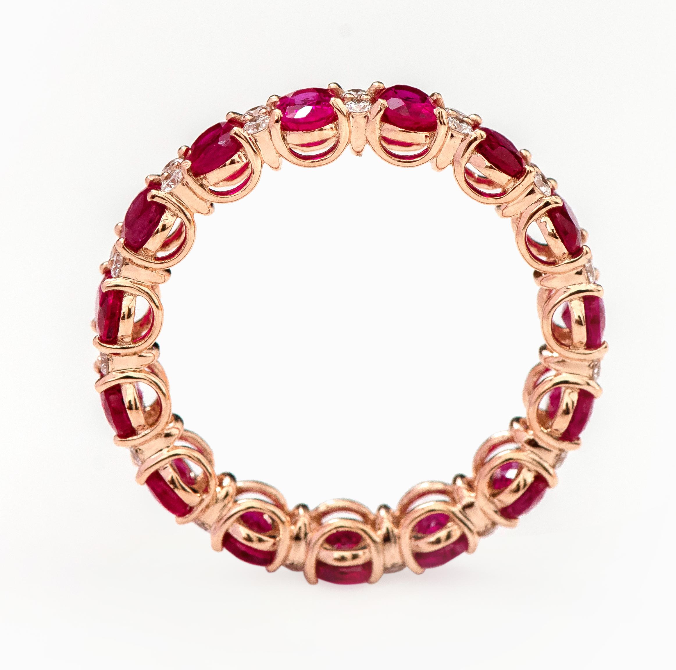 Oval Cut 18 Karat Rose Gold 4.00 Carat Oval-Cut Ruby and Diamond Eternity Band Ring For Sale