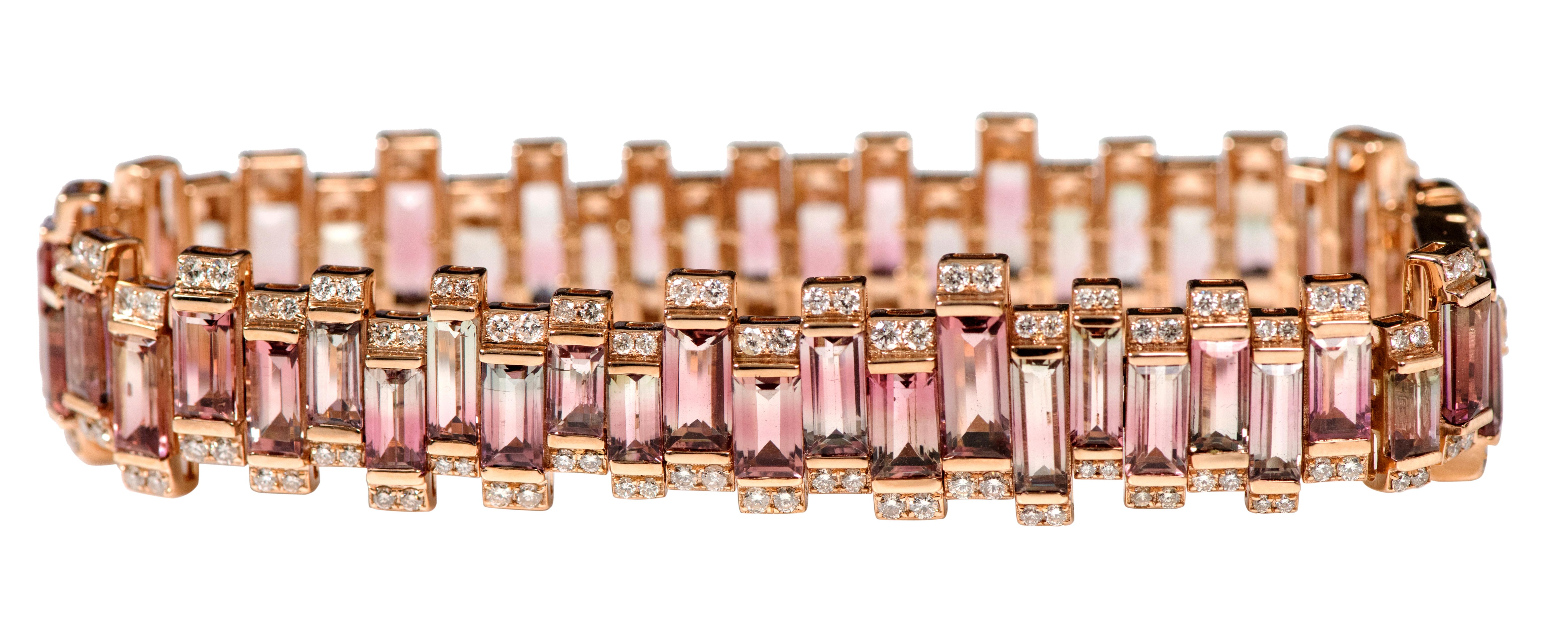 Women's 18 Karat Rose Gold 42.25 Carat Bi-Color Tourmaline and Diamond Modern Bracelet For Sale