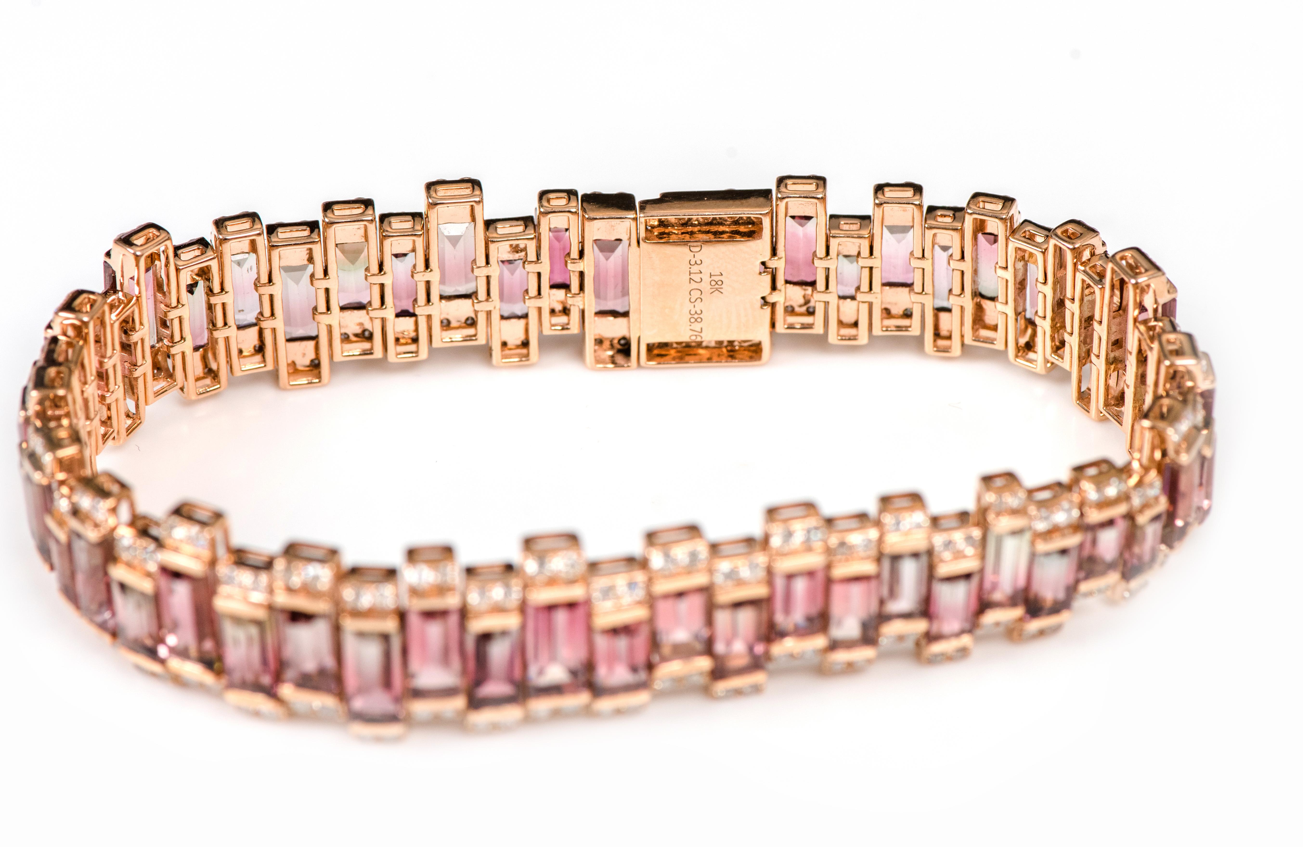 18 Karat Rose Gold 42.25 Carat Bi-Color Tourmaline and Diamond Modern Bracelet For Sale 1