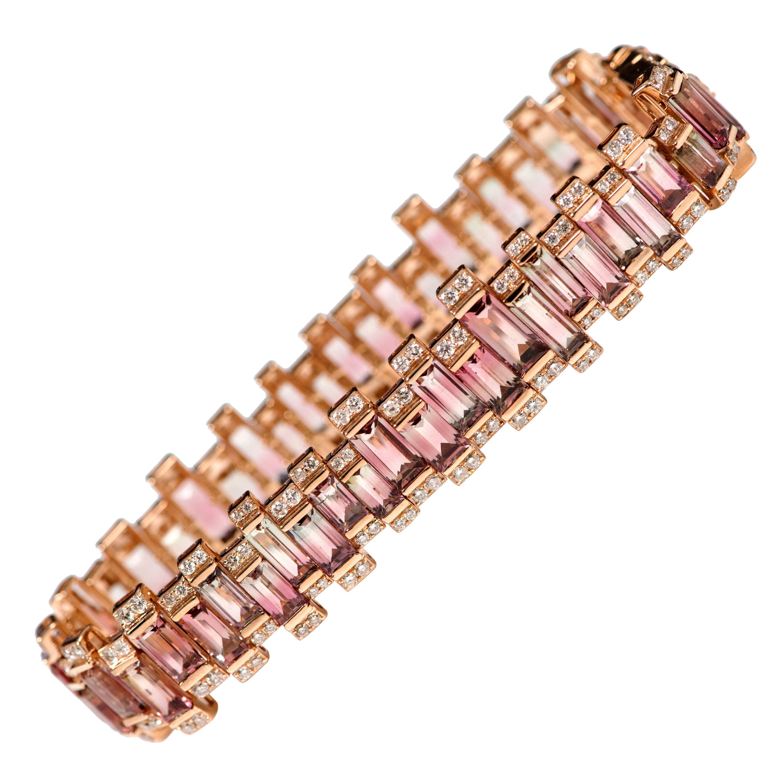Pulsera Moderna de Oro Rosa de 18 Kilates, 42,25 Quilates, Turmalina Bicolor y Diamantes