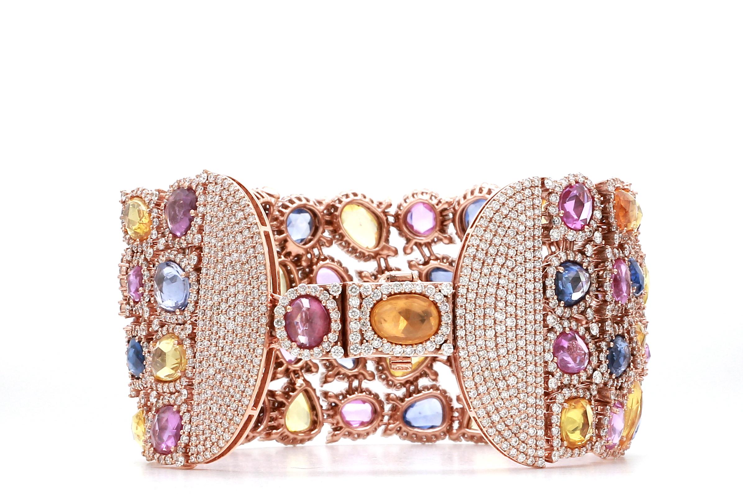 18 Karat Rose Gold 42.78 Carat Multi-Sapphire and Diamond Modern Bracelet 

A modern play of colors as we call it that’s doused with the energy of colorful and cultural reverie. It resonates with the vibrant and colorful Indian culture amassing the