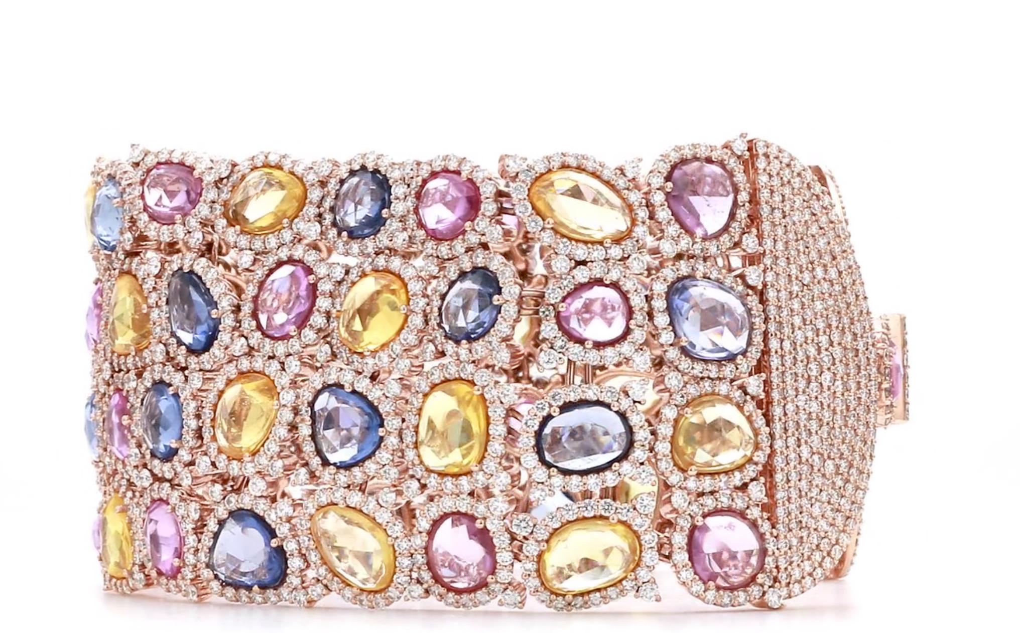 Moderne Bracelet moderne en or rose 18 carats avec plusieurs saphirs et diamants de 42,78 carats en vente