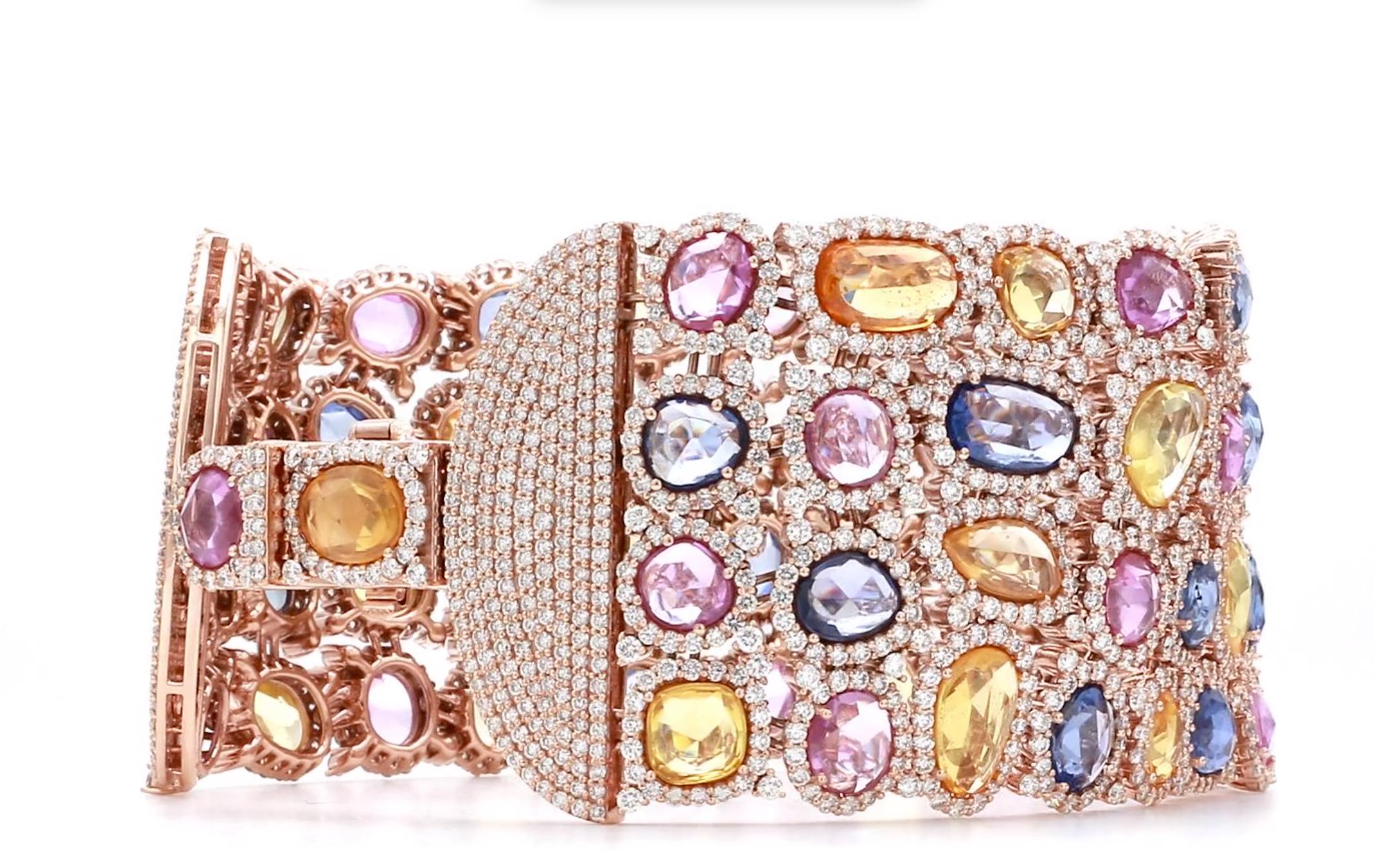 Taille rose Bracelet moderne en or rose 18 carats avec plusieurs saphirs et diamants de 42,78 carats en vente