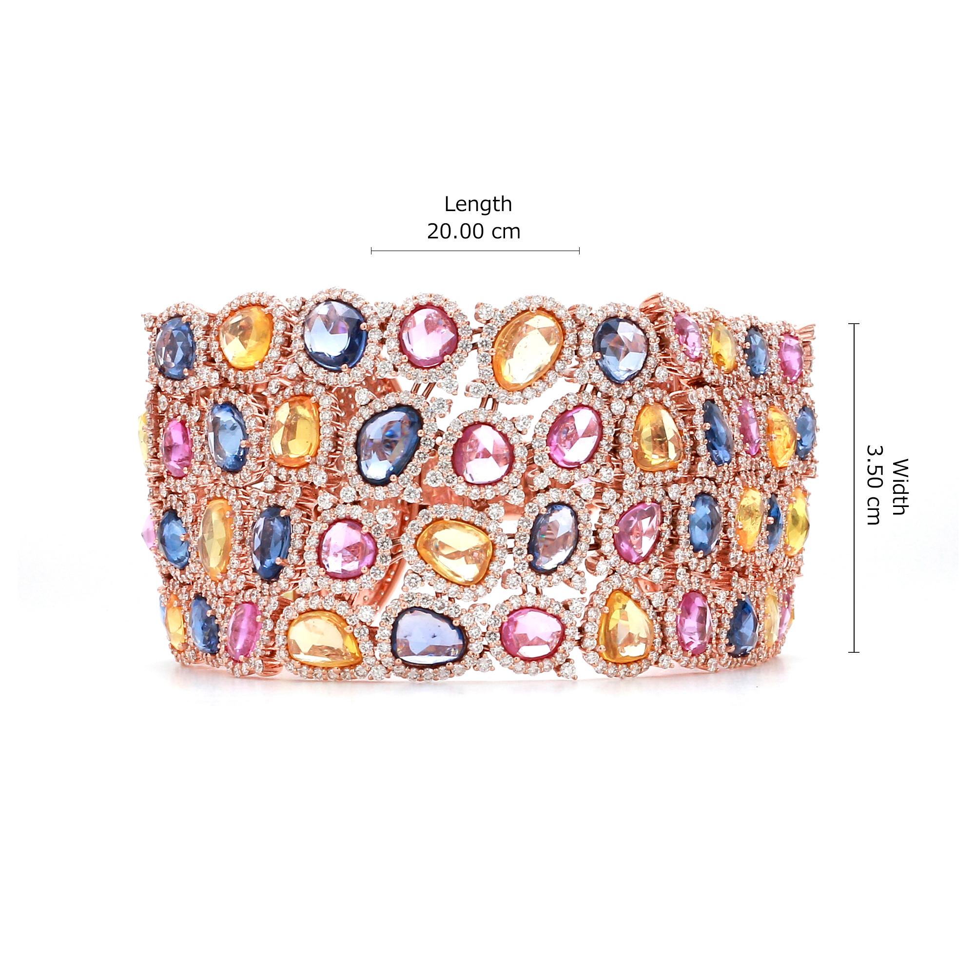 Women's 18 Karat Rose Gold 42.78 Carat Multi-Sapphire and Diamond Modern Bracelet For Sale
