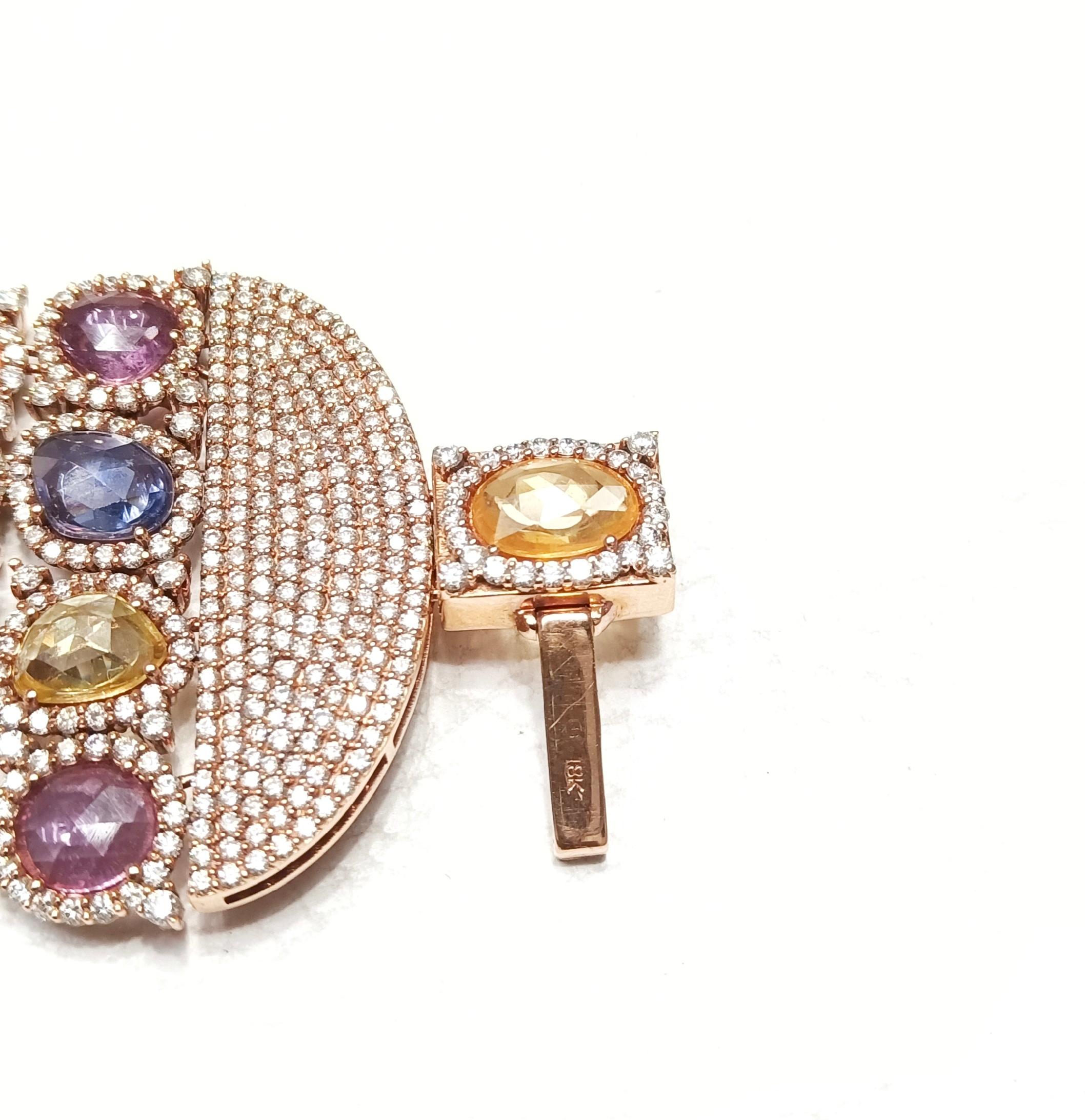 18 Karat Rose Gold 42.78 Carat Multi-Sapphire and Diamond Modern Bracelet For Sale 1