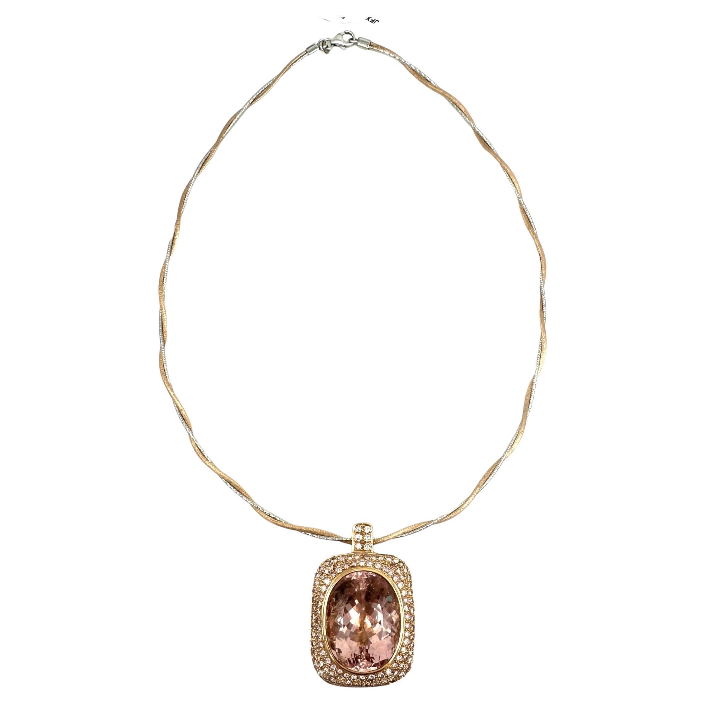 18 Karat Rose gold 44.37ct Morganite and 4ct Diamond Halo Necklace For Sale