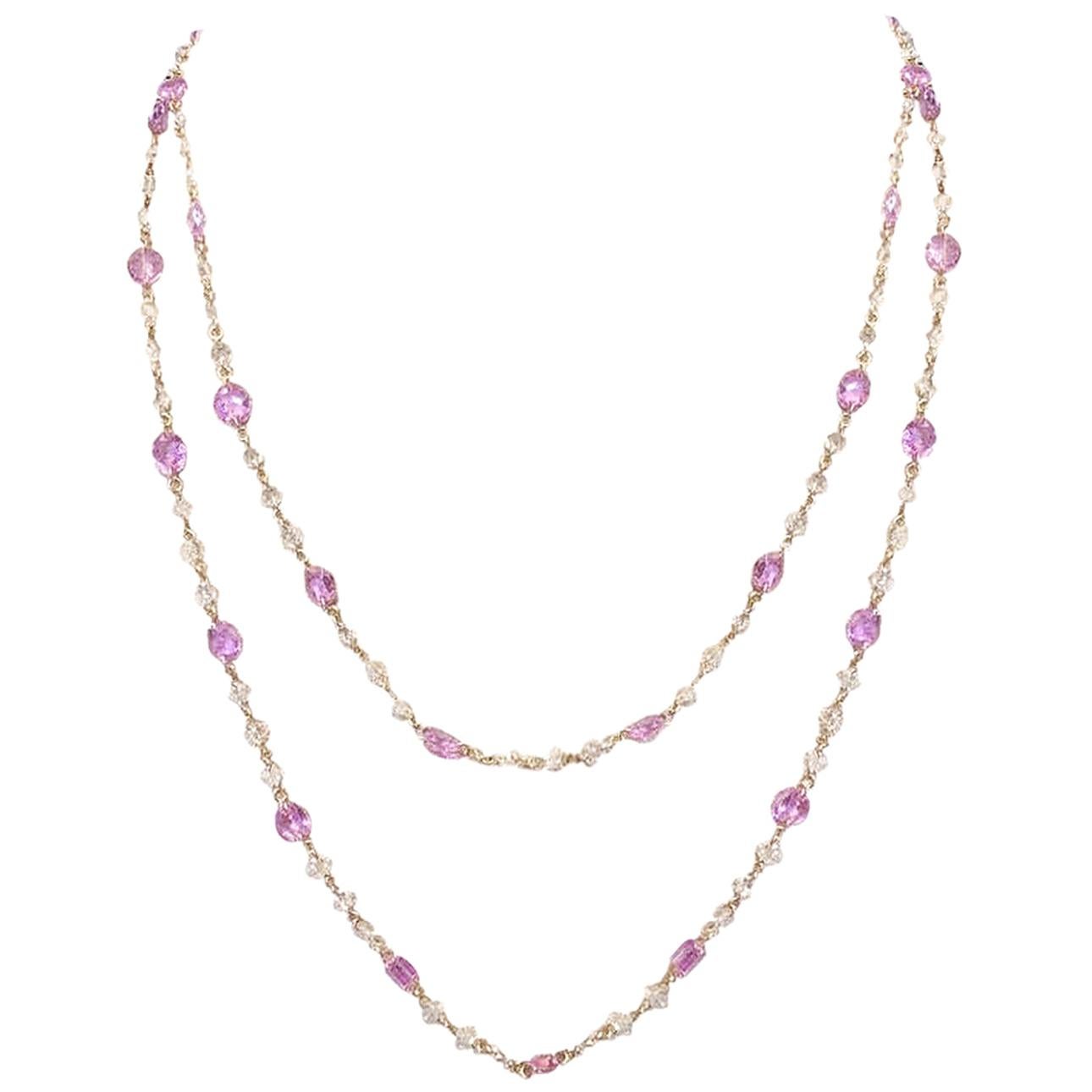 18 Karat Rose Gold 4.61 Carat White Diamonds 12.13 Carat Pink Sapphires Nacklace For Sale