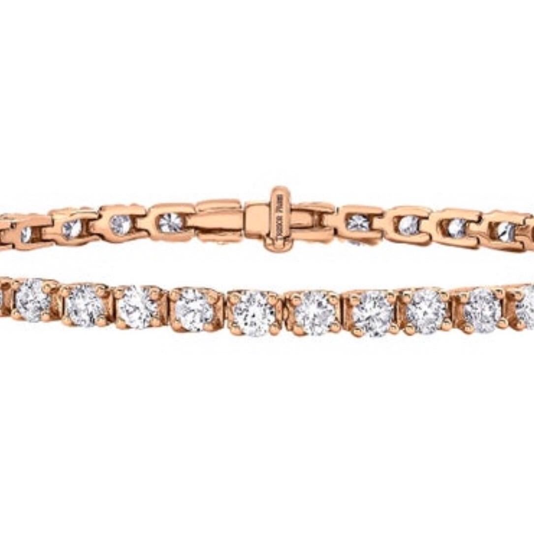 Taille ronde Bracelet ligne tennis Riviera à quatre griffes en or rose 18 carats et diamants ronds de 5 carats en vente