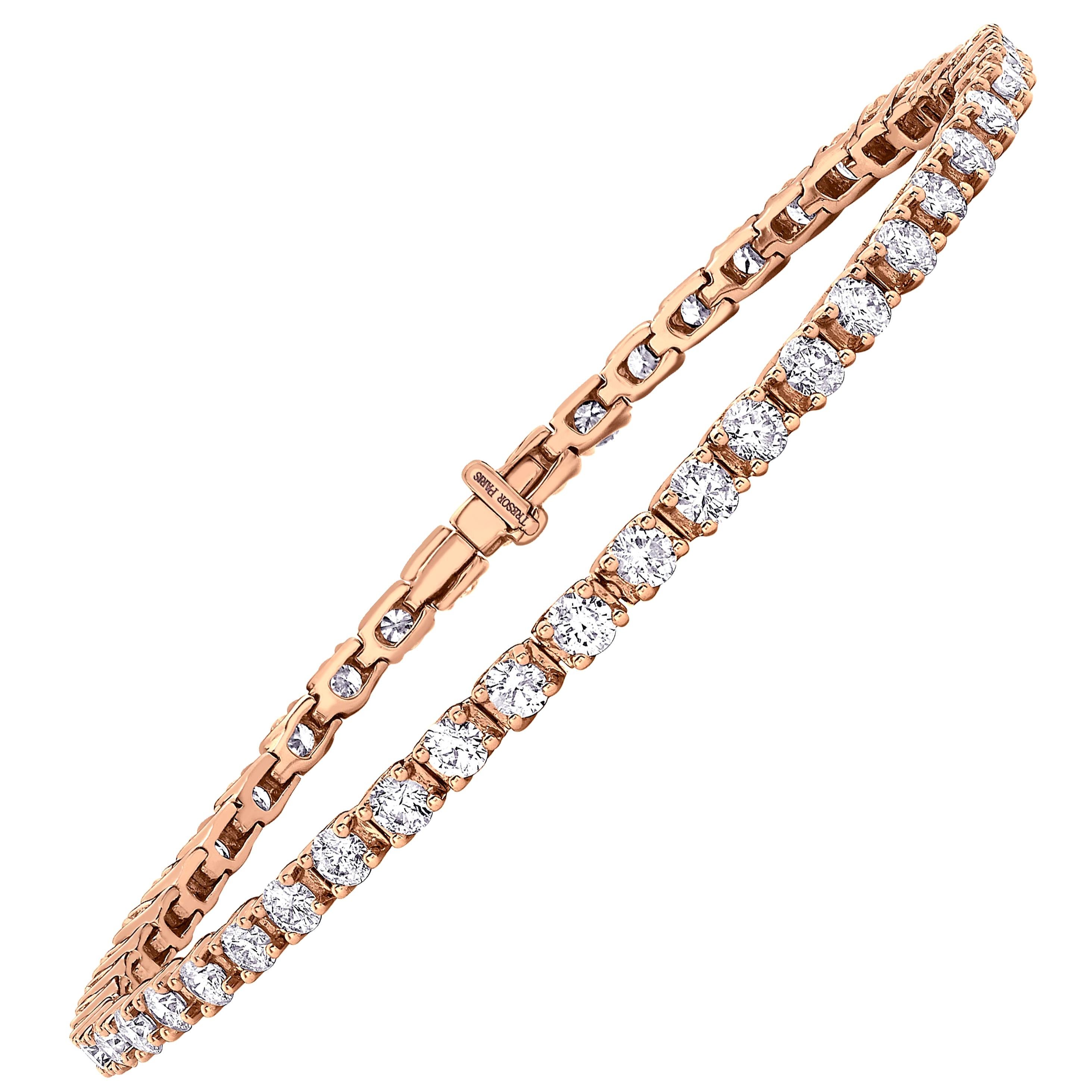 Bracelet ligne tennis Riviera à quatre griffes en or rose 18 carats et diamants ronds de 5 carats