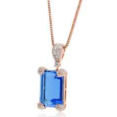 18 Karat Rose Gold 50 Carat Blue Topaz with White Diamonds Pendant Necklace